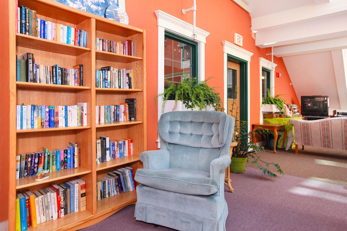 a living room with a book shelf