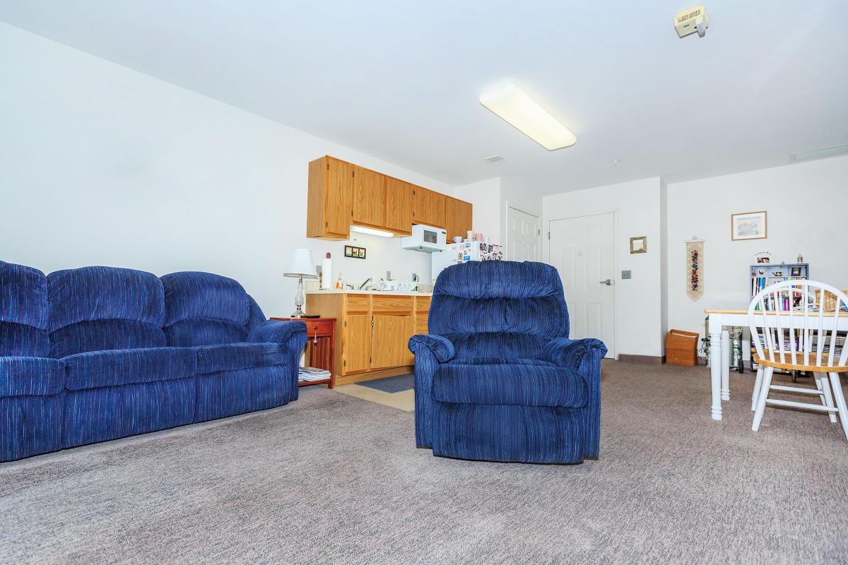 a living room filled with furniture and a blue chair