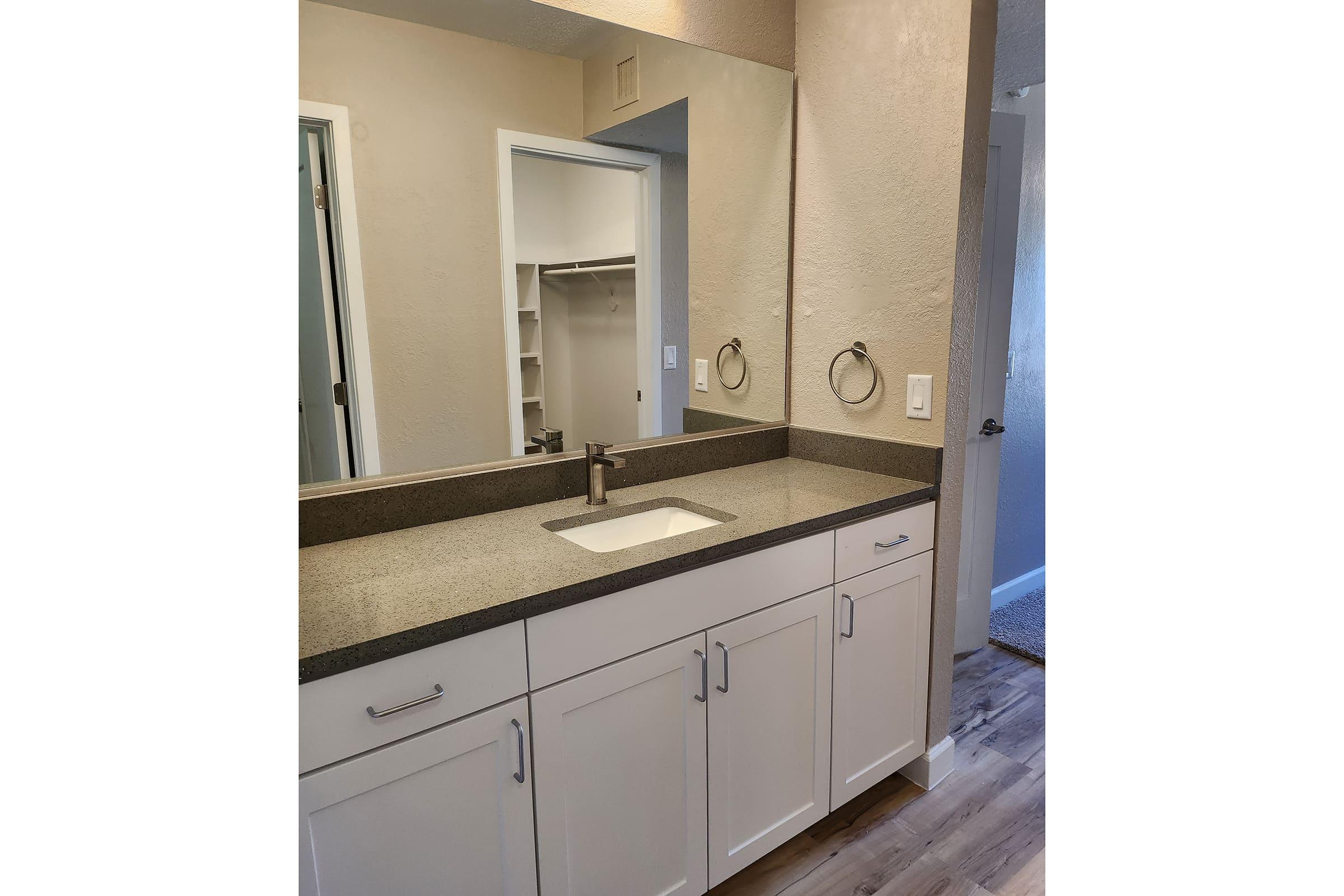 a kitchen with a sink and a mirror