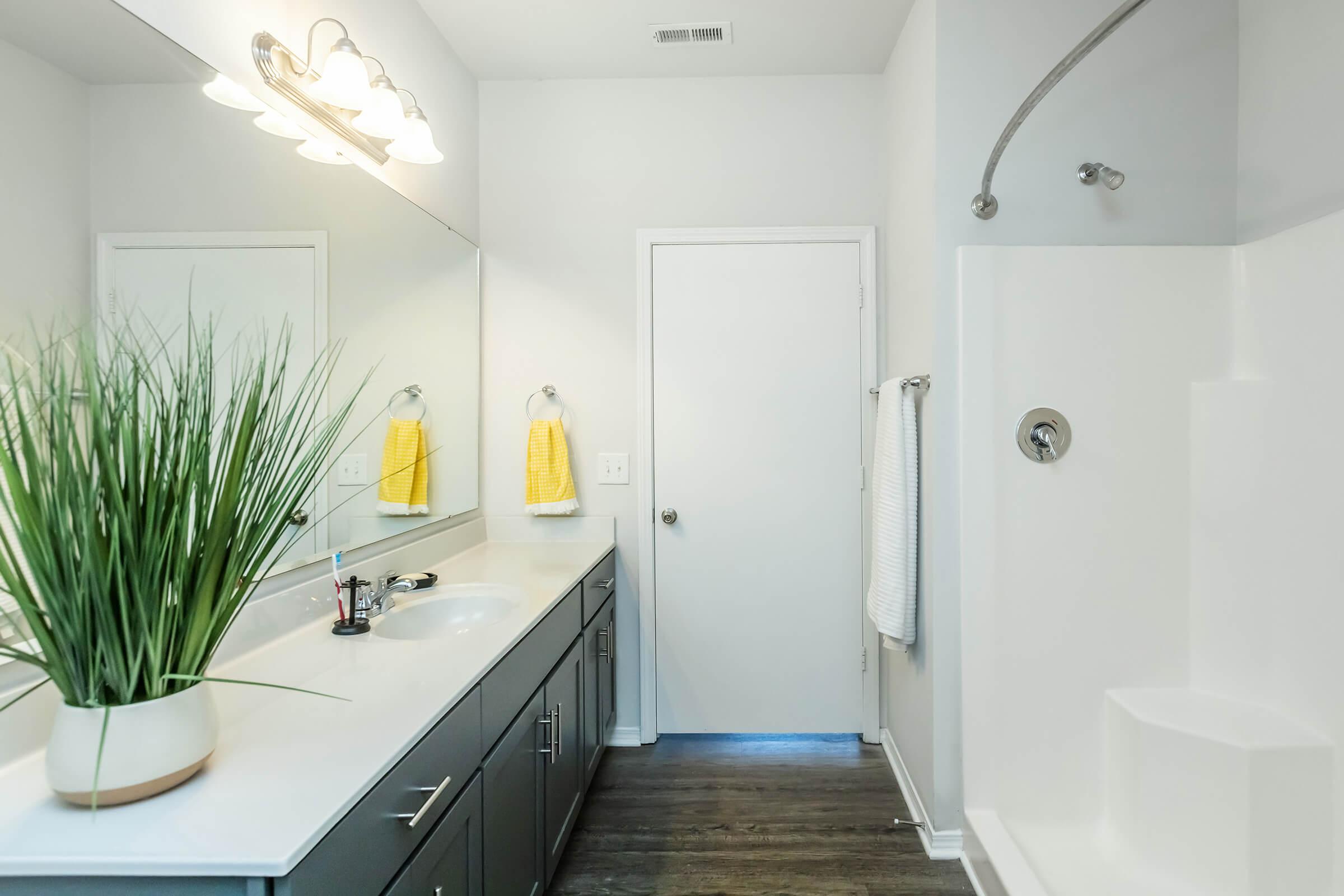 a room with a sink and a shower