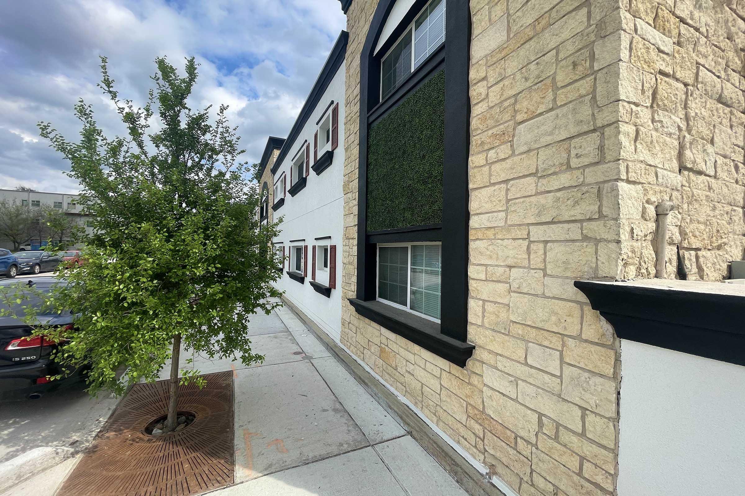 A corner view of a building featuring a stone exterior and black trim. There is a small, leafy tree planted in a circular grate on the sidewalk. The sky is partly cloudy, and parked cars are visible in the background. The building has several windows with red accents.