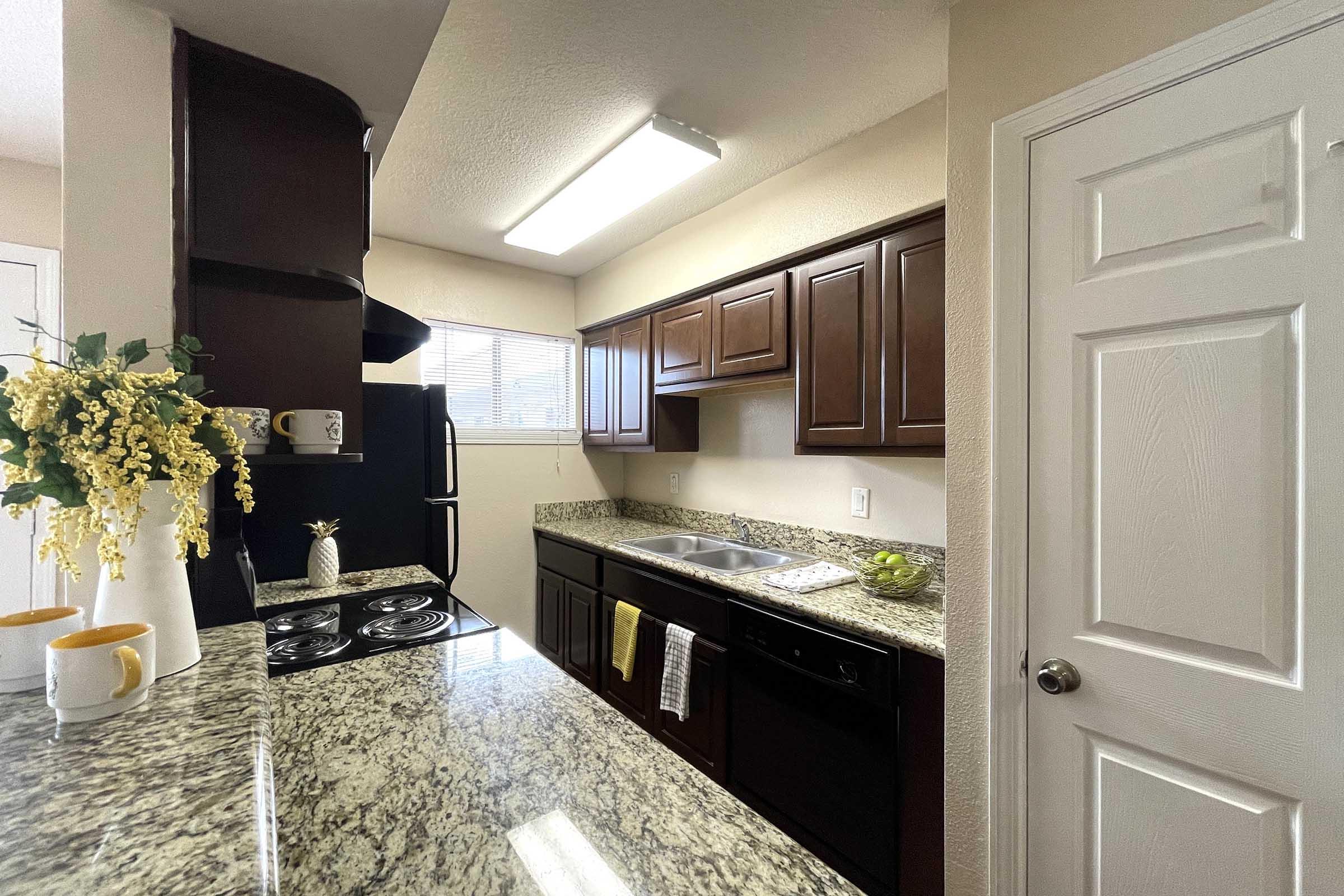 A modern kitchen featuring dark wood cabinets, granite countertops, and stainless steel appliances. There is a black fridge, a double sink, and a stove. A decorative vase with flowers and yellow mugs are placed on the countertop, adding a touch of color. The room is well-lit with a ceiling light.