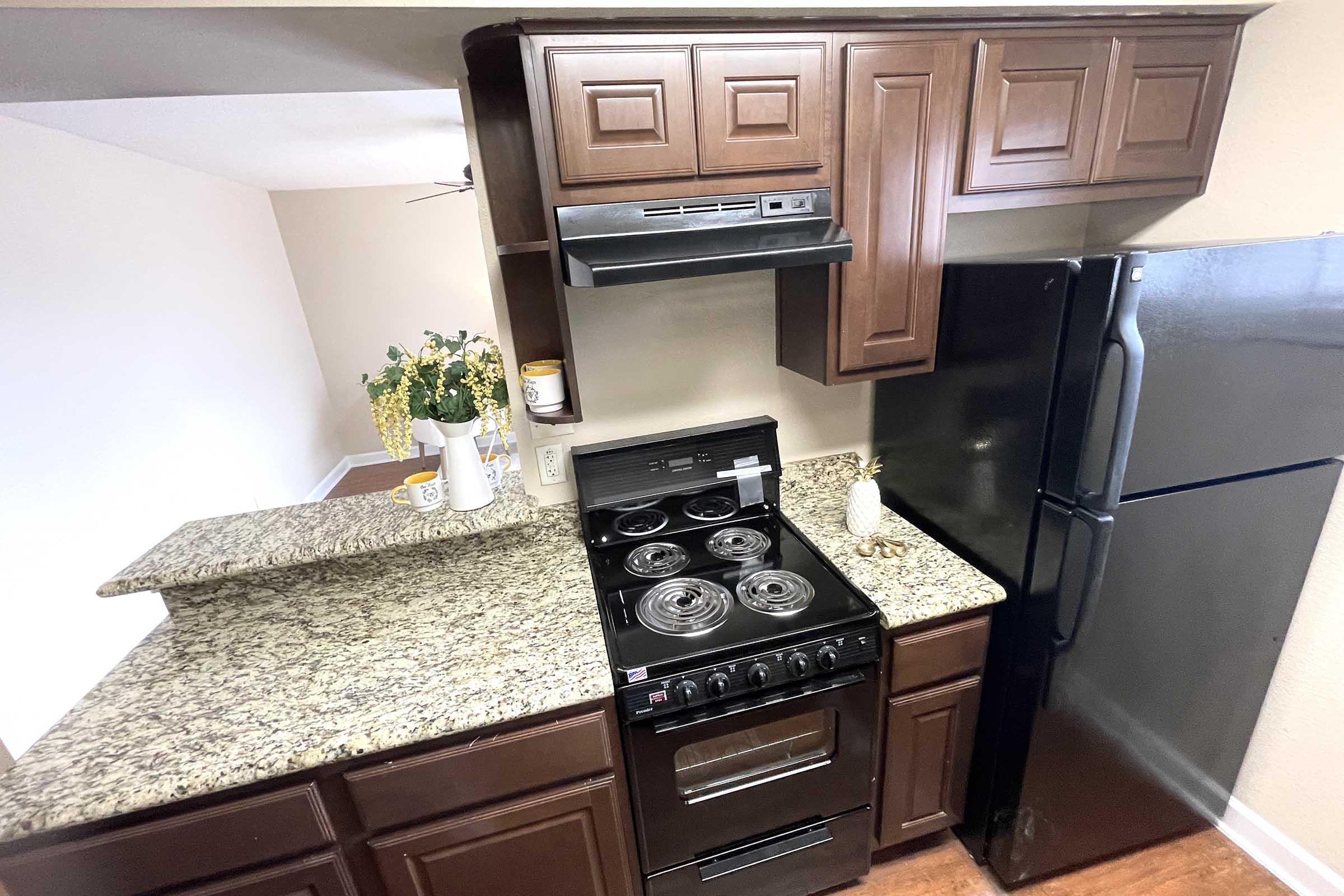 A modern kitchen featuring dark wood cabinetry, a granite countertop, a black refrigerator, and a black stove with four burners. The kitchen is well-lit and includes decorative items, such as a vase with flowers on the counter, and has an open layout leading to an adjoining room.