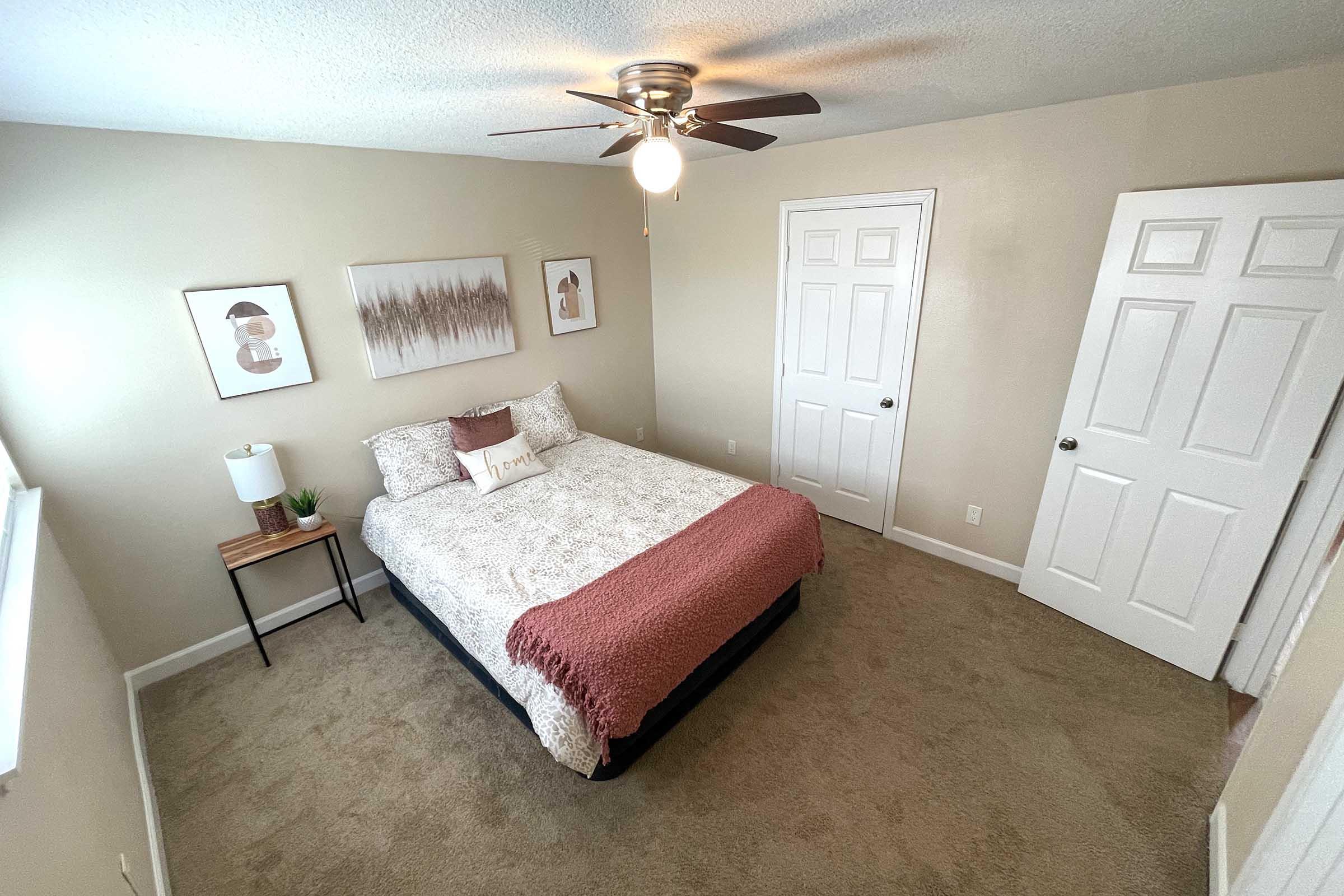 A cozy bedroom featuring a queen-sized bed with a pink throw blanket, nightstand with a small plant, and wall art. Neutral-colored walls and carpet create a warm ambiance. Two closed doors and a ceiling fan complete the room's inviting appearance.