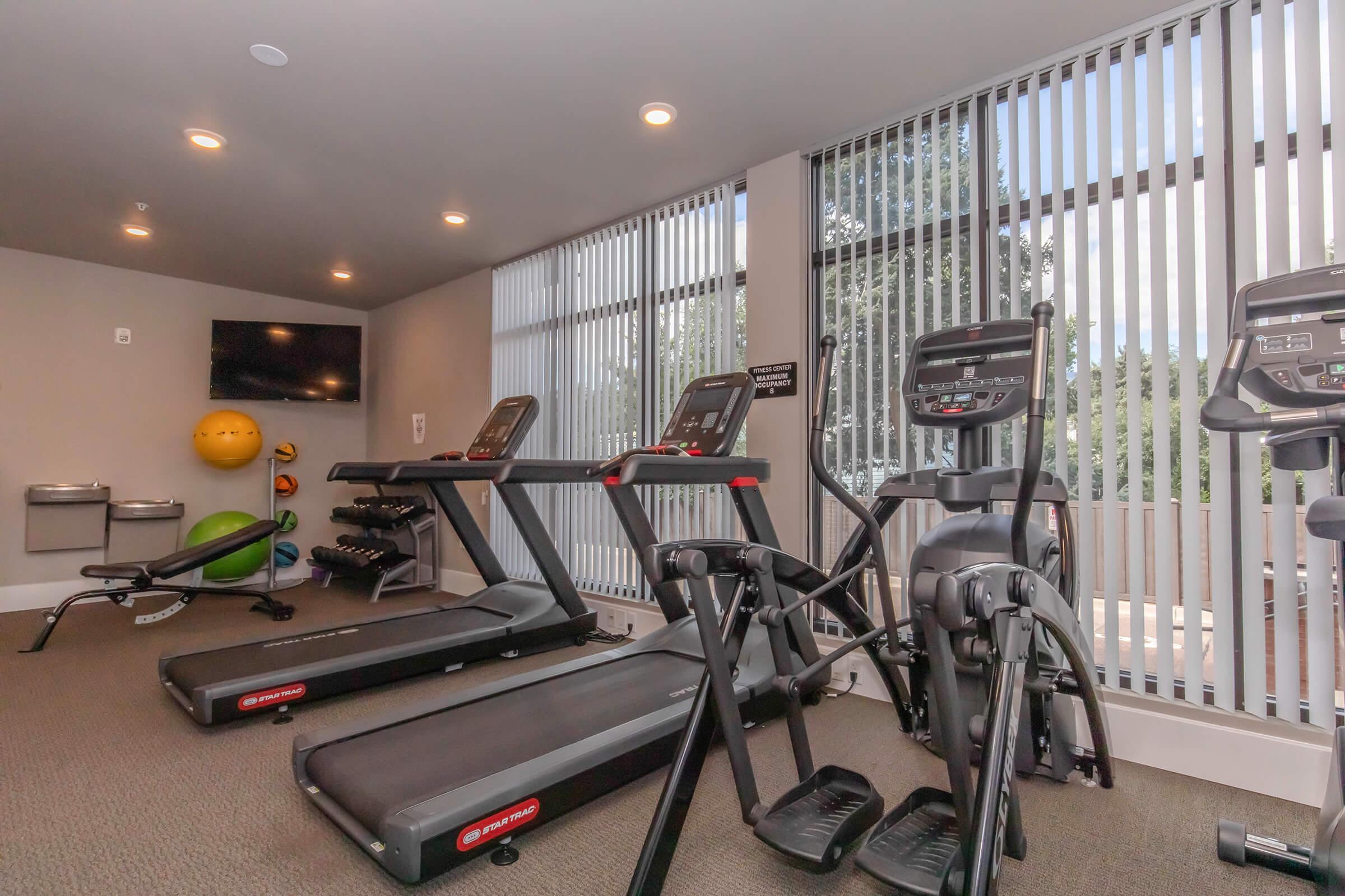 A modern fitness room with three treadmills, a stationary bike, and exercise equipment. Large windows allow natural light to fill the space, featuring a water fountain and fitness balls on the wall. The walls are painted in neutral tones, creating a welcoming atmosphere for workout enthusiasts.