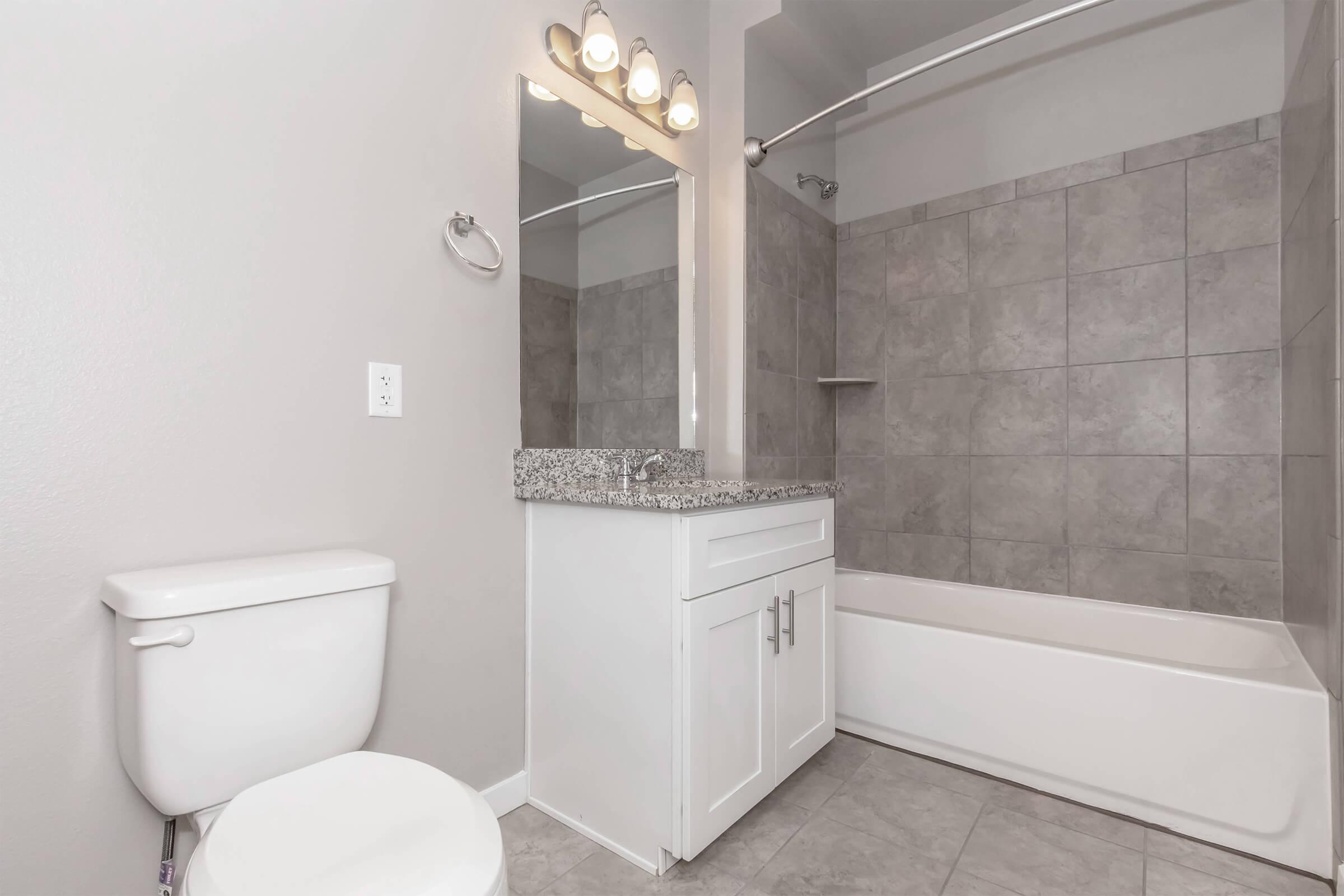 A modern bathroom featuring a bathtub, a white toilet, a granite countertop with a sink, and a mirror with overhead lighting. The walls are tiled in light gray, and the floor has matching tiles, creating a clean and contemporary look.