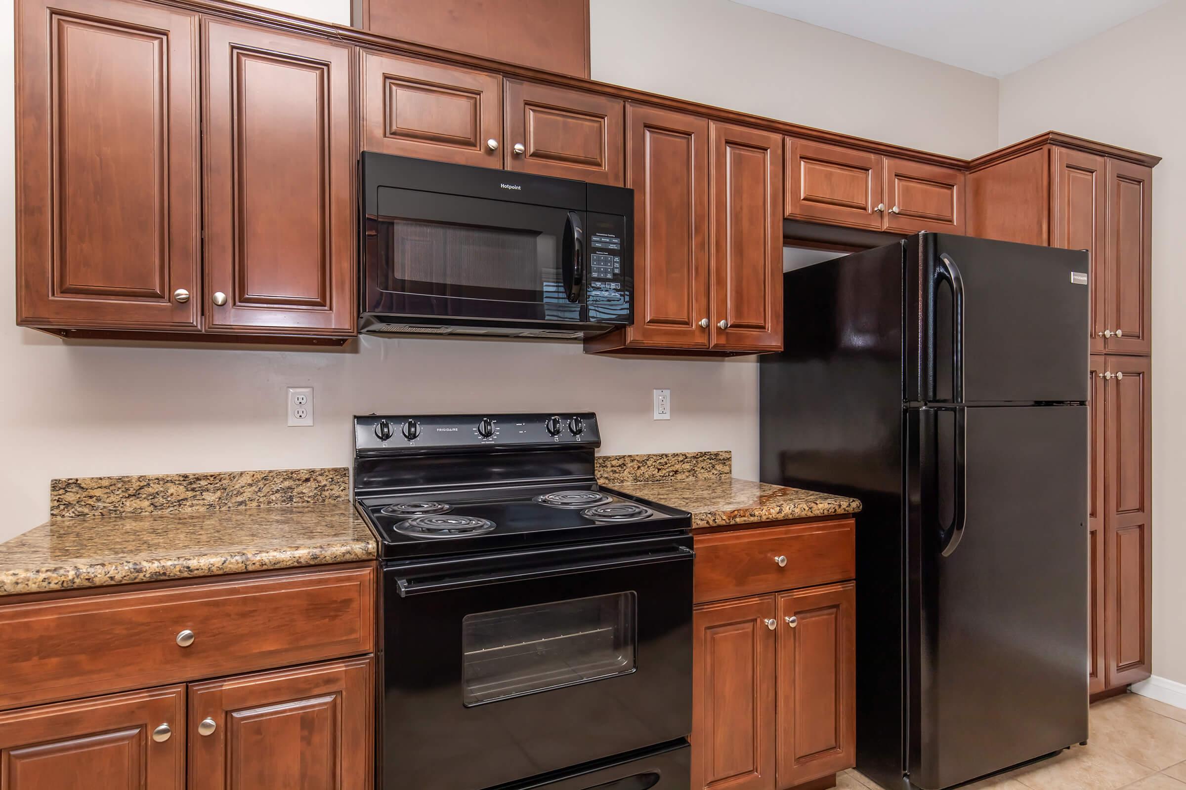 Modern kitchen featuring dark wood cabinets, a black refrigerator, an electric stove with an oven, and a microwave above the stove. The countertops are made of granite, complementing the cabinetry.