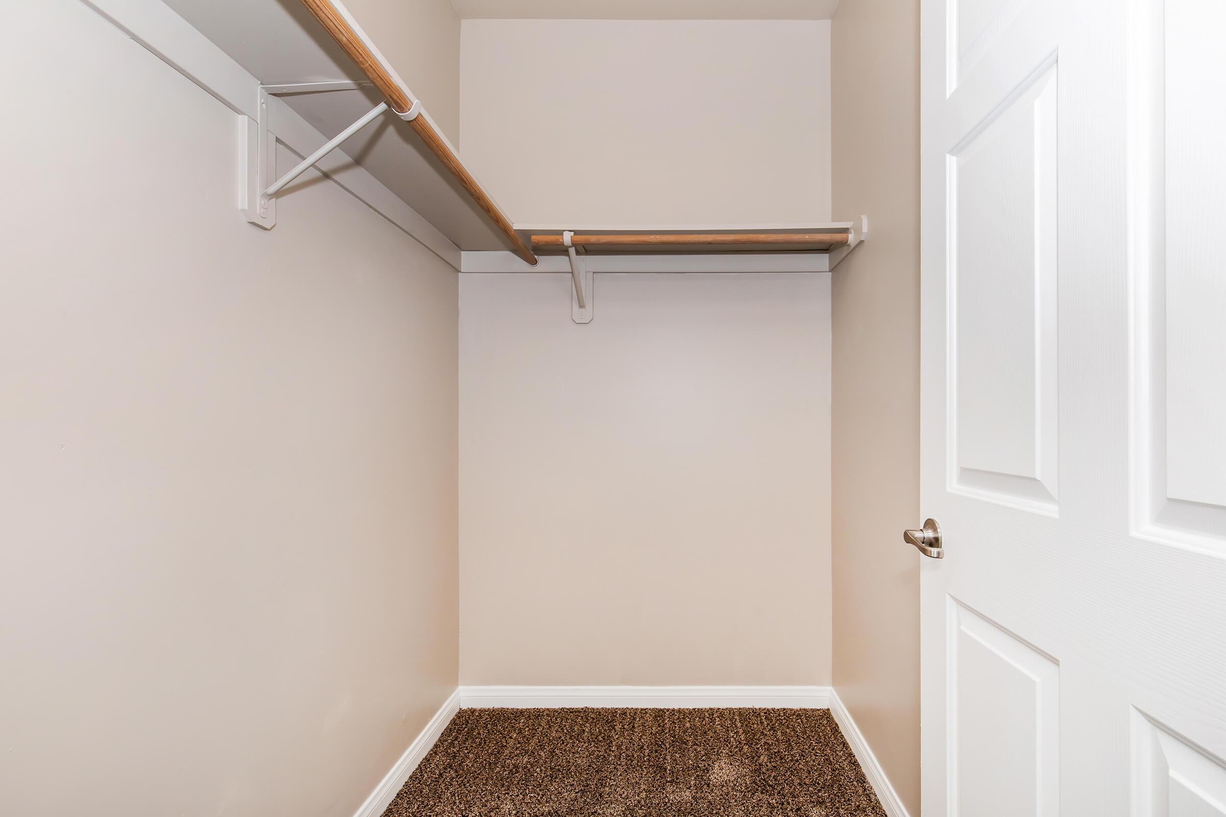 Empty closet with beige walls and a carpeted floor. There is a wooden rod mounted on the wall for hanging clothes, and a white door partially closed, leading into the closet space. The overall atmosphere is clean and minimalistic.