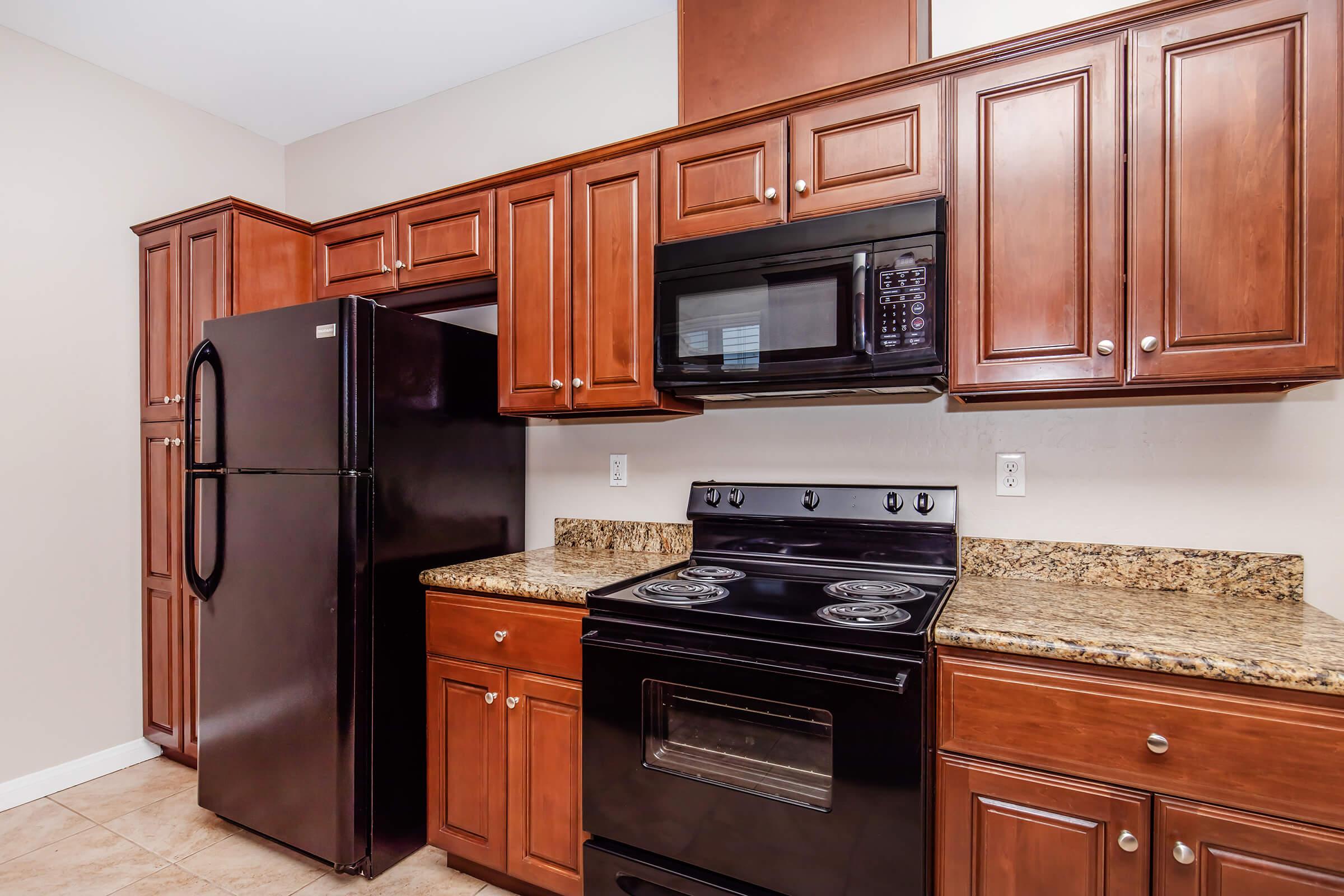 Modern kitchen showcasing dark wood cabinets, a black refrigerator, and a black electric stove with an oven. A microwave is situated above the stove, while a granite countertop complements the cabinetry. The walls are a light color, enhancing the overall brightness of the space.