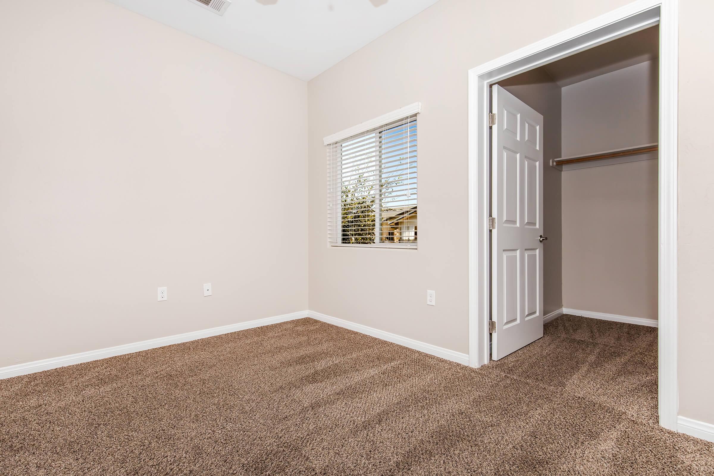 A well-lit, empty room featuring beige walls and plush carpet. There is a window with blinds allowing natural light and an open door leading to a closet. The room has a clean and minimalist appearance, suitable for various uses.