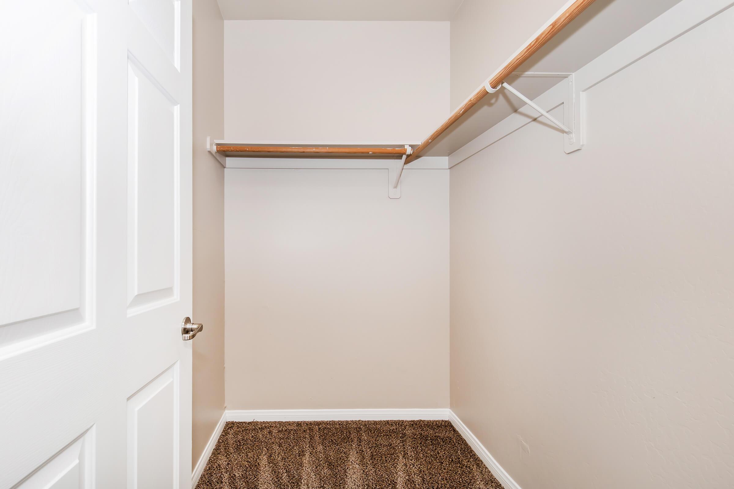Empty closet with a light-colored wall, featuring a single wooden shelf on one side and carpet flooring. The door is closed, and there are no items or clothing visible inside the space.