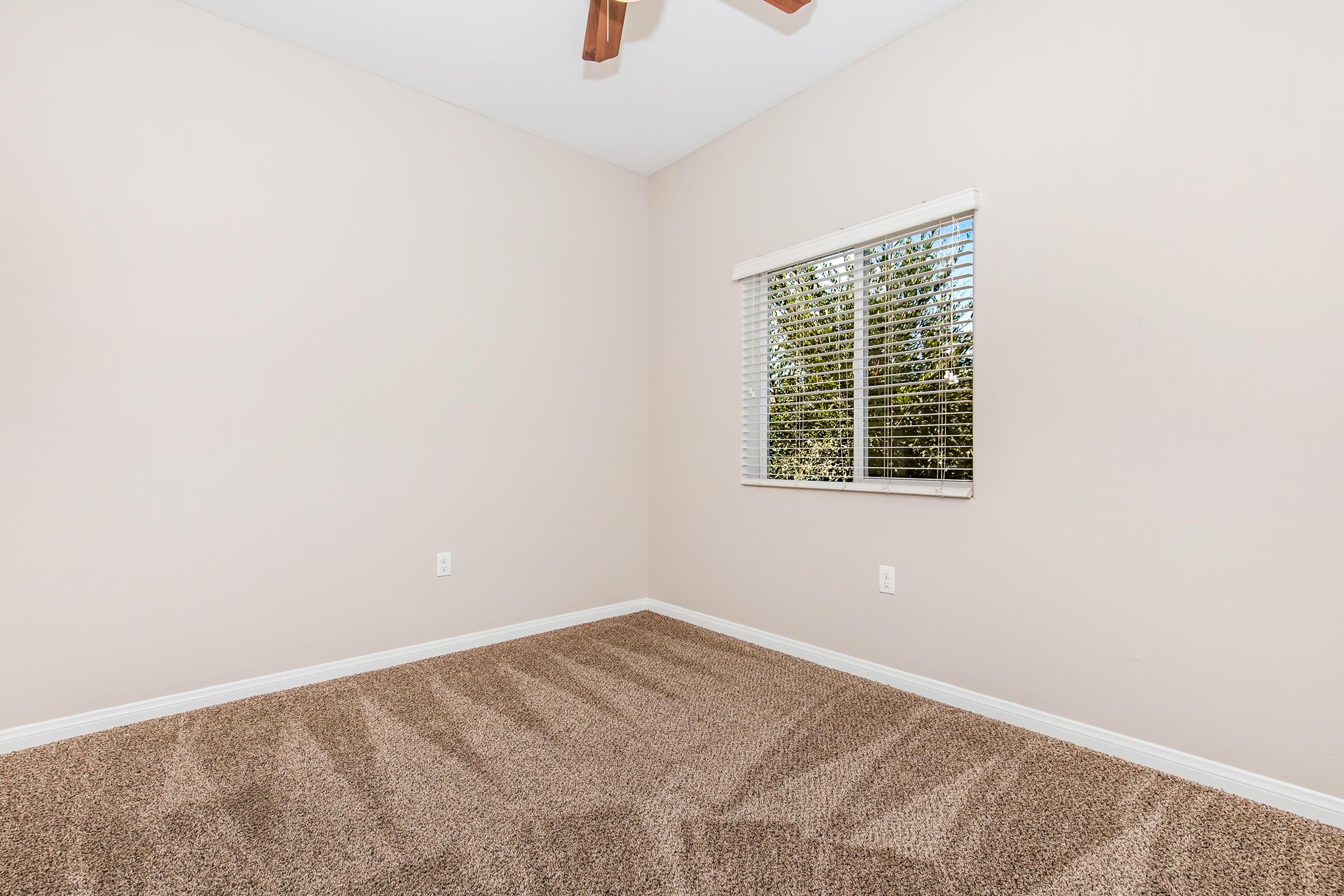 A clean, empty room with light beige walls and a window featuring white blinds. The floor is covered in soft, brown carpet, and there's a ceiling fan visible. Sunlight streams through the window, illuminating the space, creating a bright and inviting atmosphere.
