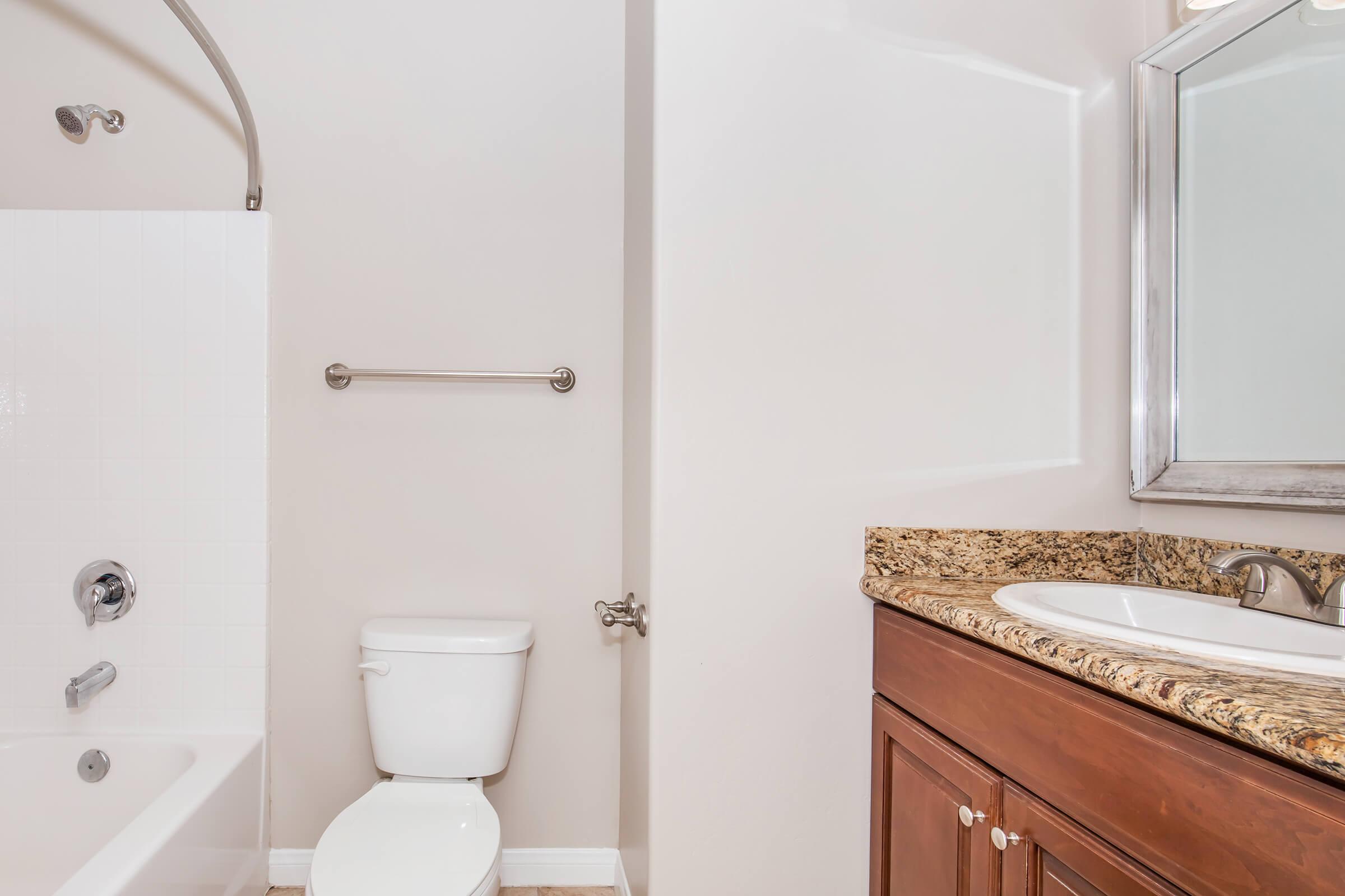A clean, modern bathroom featuring a white bathtub with an attached shower, a toilet, and a vanity with a granite countertop. A rectangular mirror hangs above the sink, reflecting the light from the space. The walls are painted in a light color, contributing to a bright and airy feel.