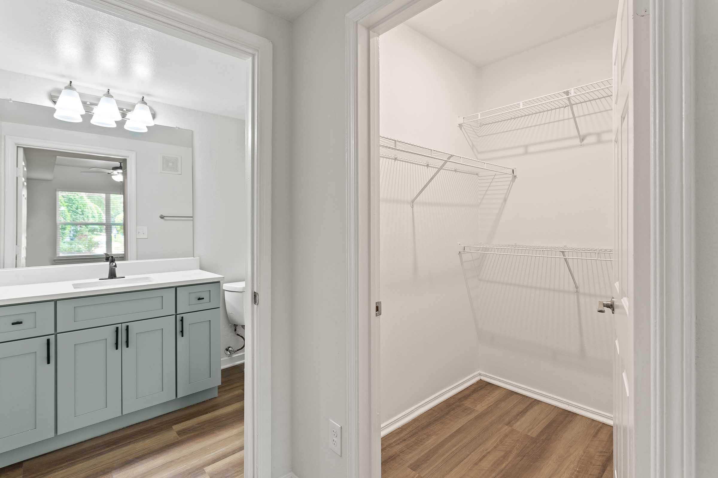 View of a bathroom leading to a walk-in closet. The bathroom features a light blue vanity with a sink and a mirror, while the closet is empty with wire shelving against the walls. The flooring is a warm wood tone, and there is natural light coming through a nearby window.