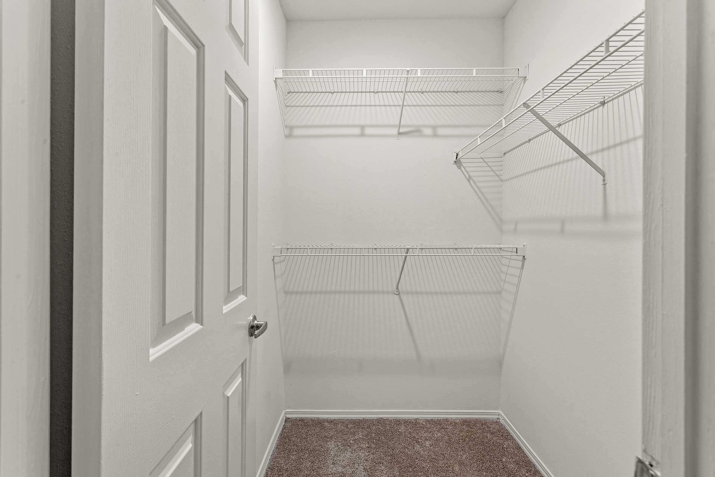 Empty closet with white walls and wire shelving. The closet features two wire racks for storage and a carpeted floor. The door is closed, and the lighting is neutral, highlighting the simplicity of the space.
