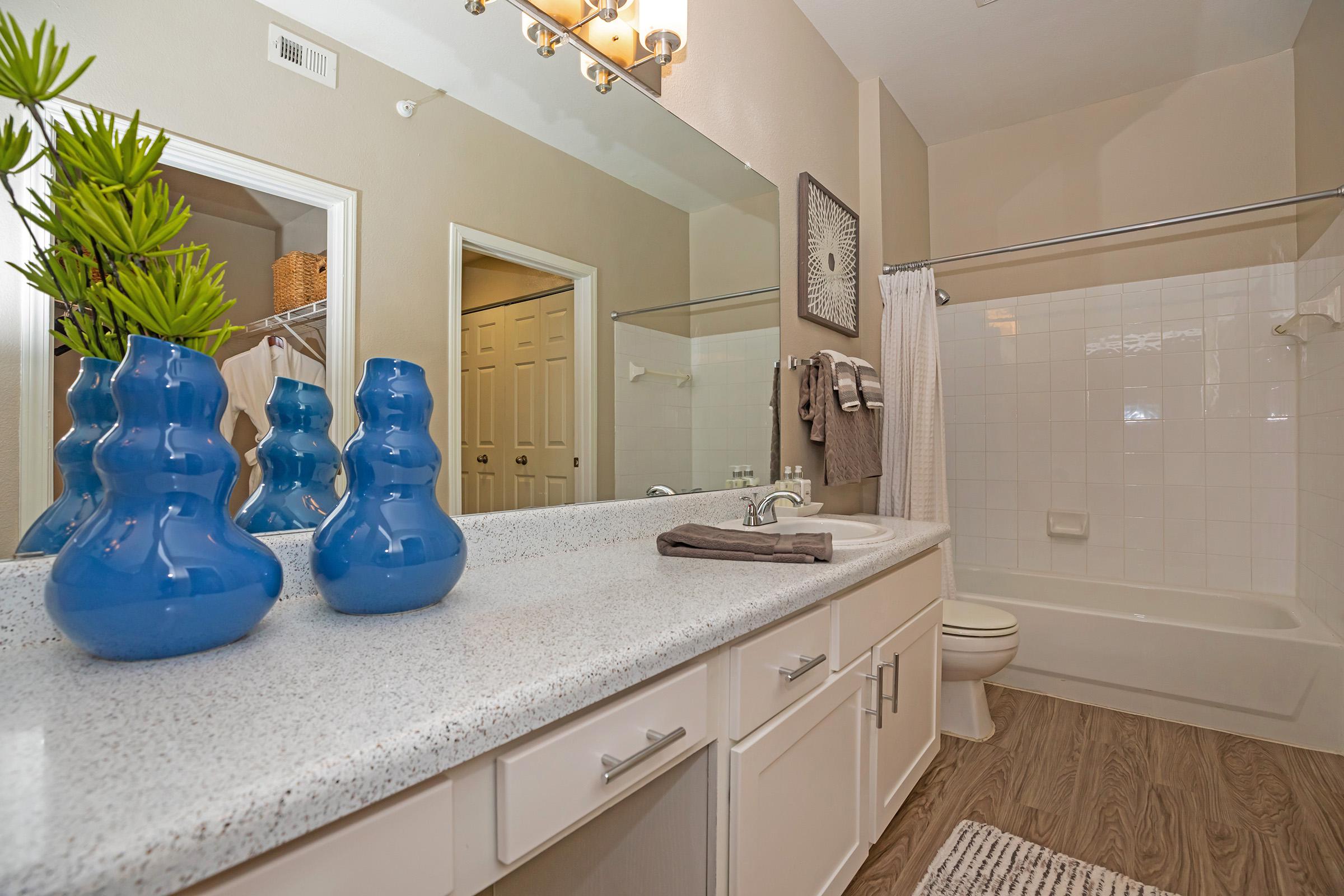 a furnished bathroom with open doors