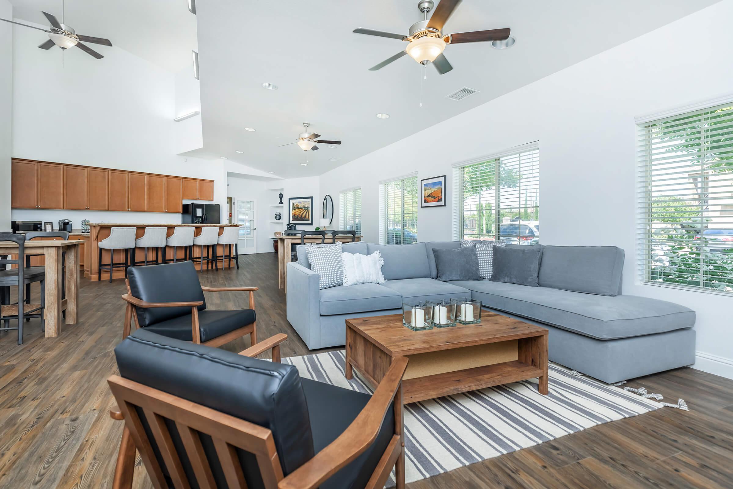 a living room with a wooden table