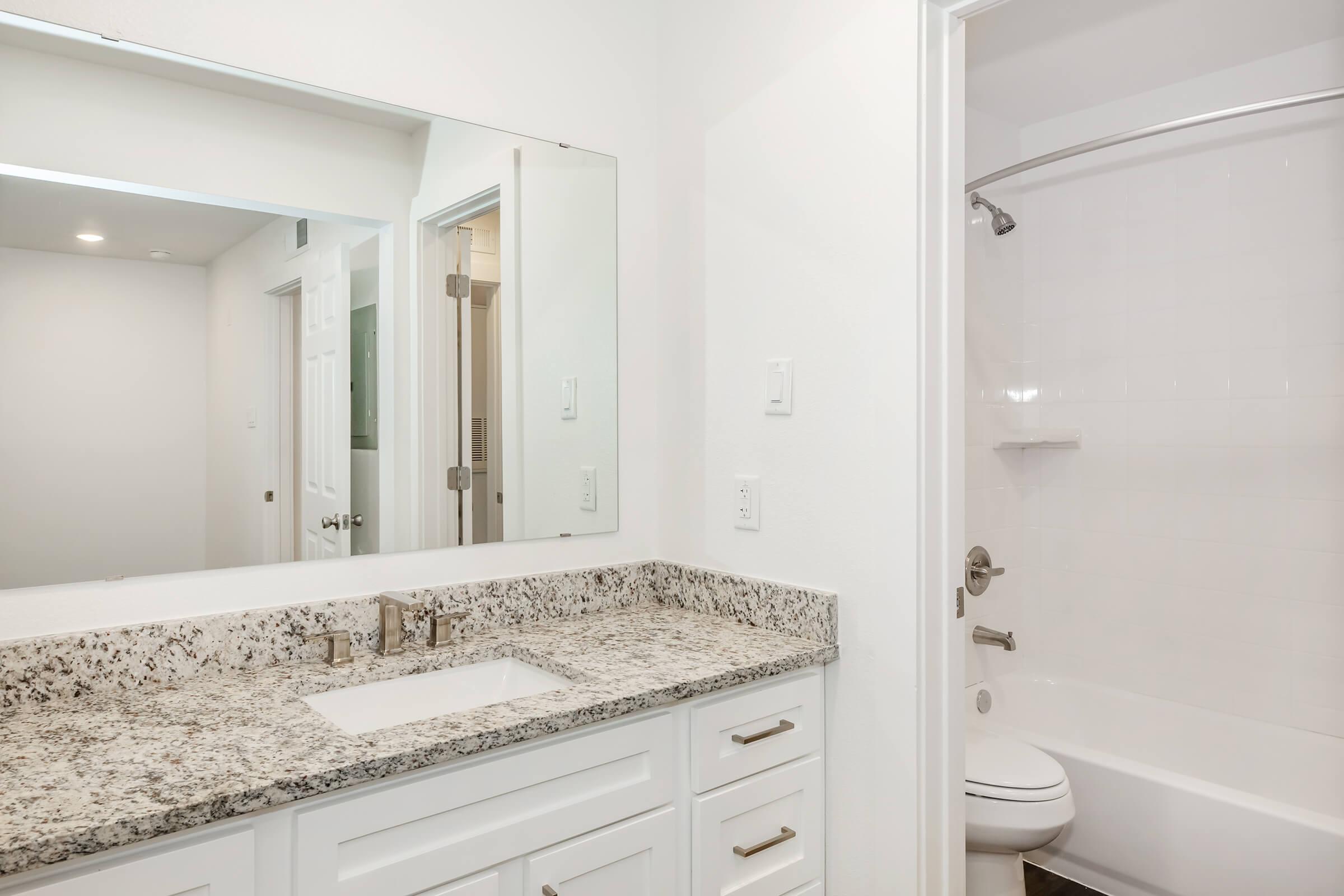 A modern bathroom featuring a white vanity with a granite countertop, a large mirror above the sink, and a shower area with a bathtub. The walls are painted white, and there are bright overhead lights, creating a clean and spacious appearance.
