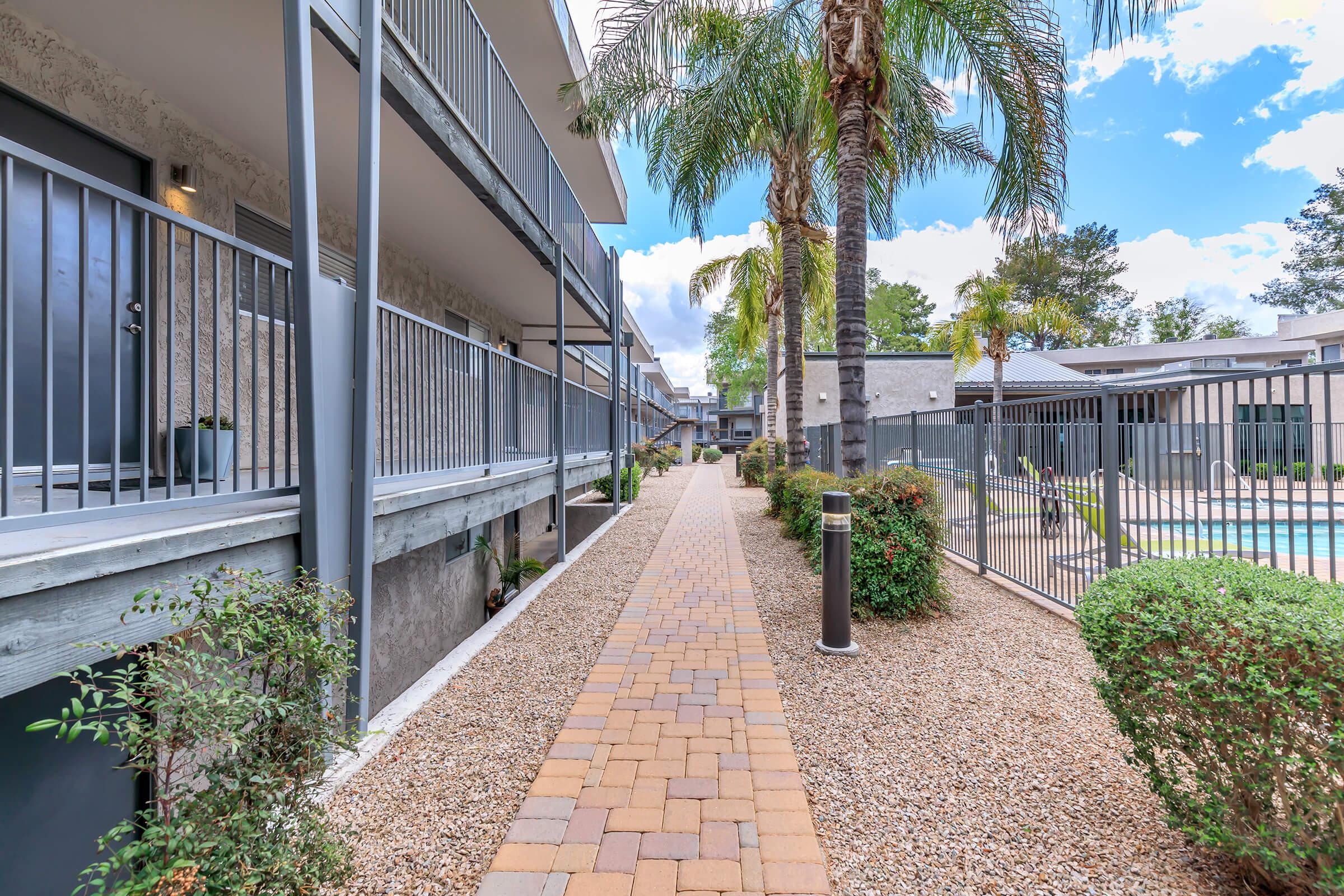 a path with trees on the side of a building