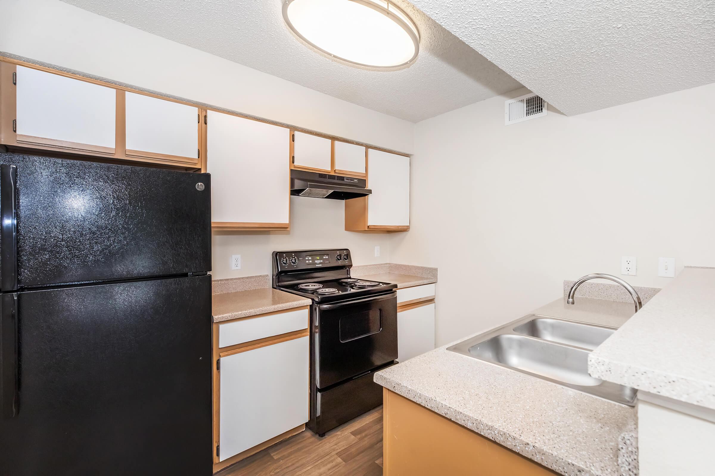 A modern kitchen featuring a black refrigerator and stove, light-colored wood cabinets with white doors, and a double sink. The countertops are beige, and the flooring is wood-like. Overhead, a round light fixture provides illumination. The walls are painted in a light neutral color.