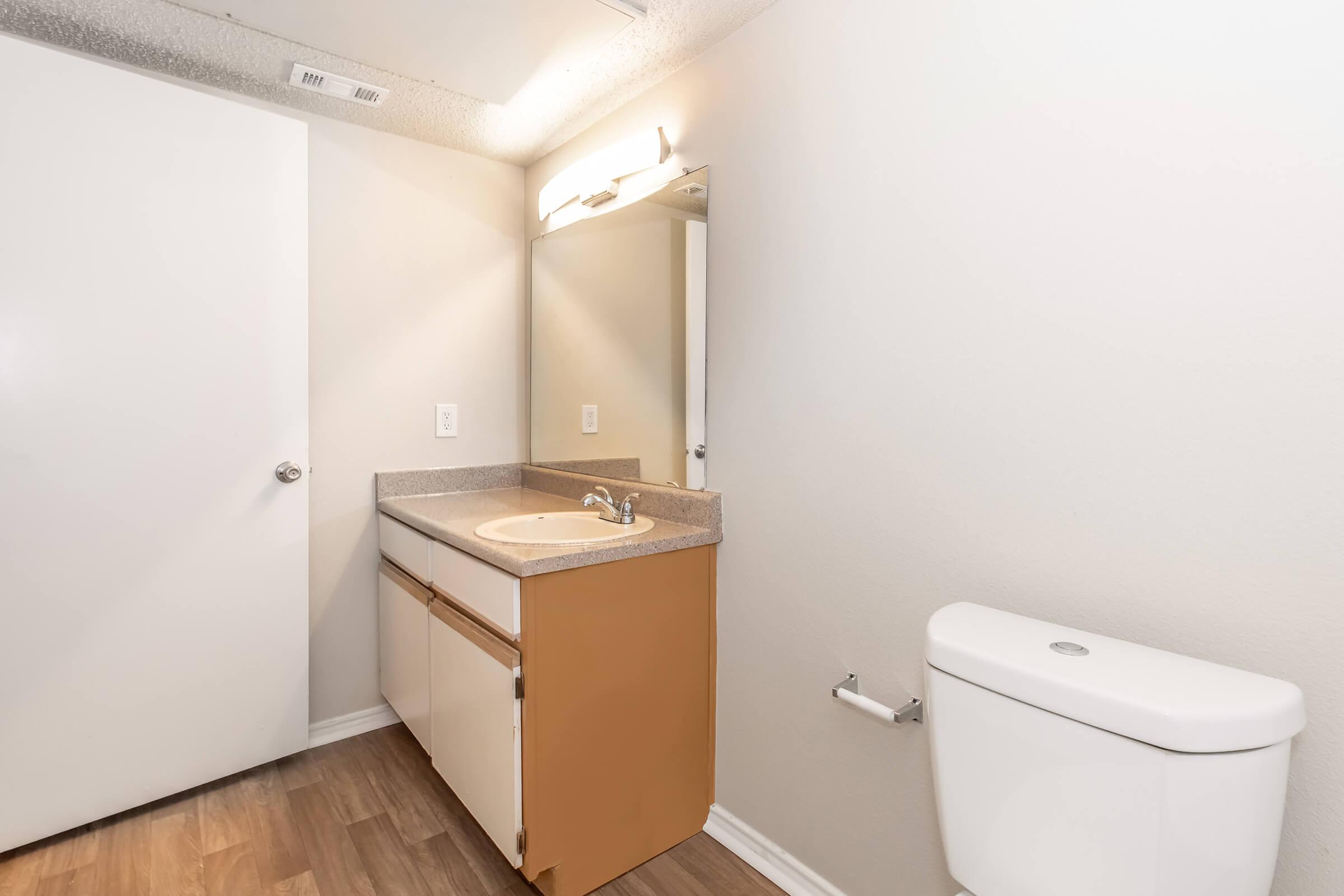 A clean, modern bathroom featuring a vanity with a sink and mirror, a white toilet, and laminate flooring. The walls are painted in neutral tones, and there is a door leading to another room. The lighting is bright and cozy.