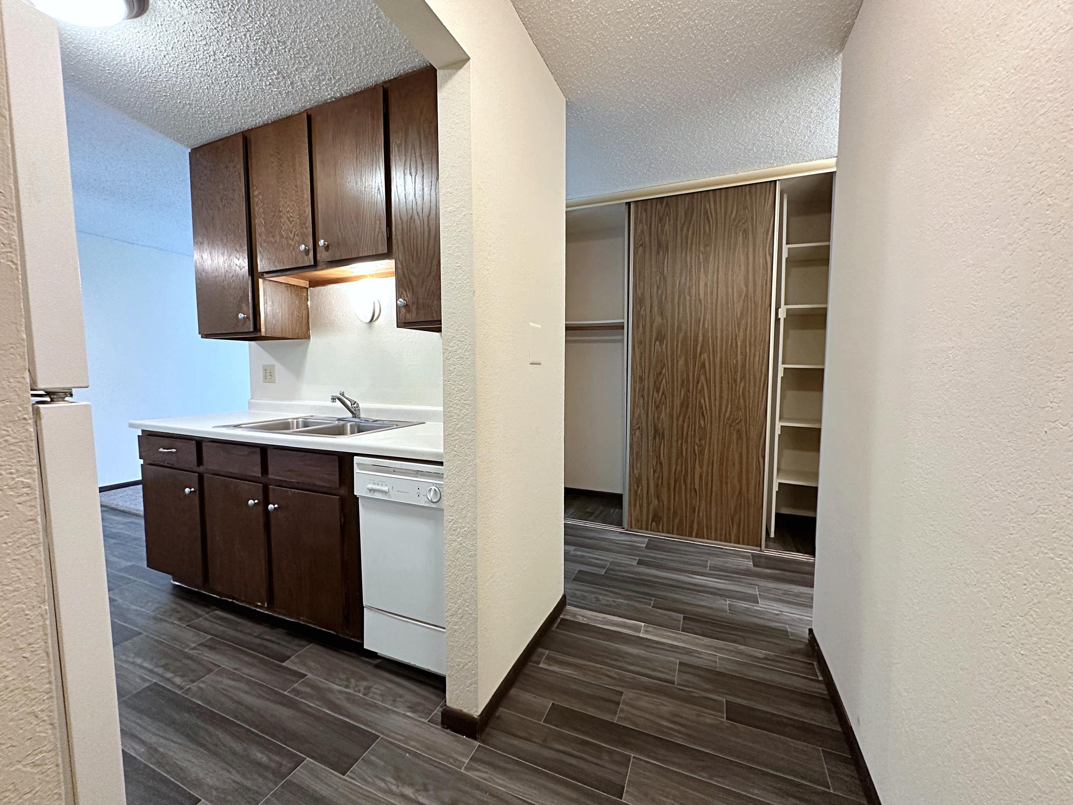 View of a modern kitchen featuring dark wooden cabinets, a stainless-steel dishwasher, and a sink, adjacent to a closet area with wooden doors. The flooring is tiled in a dark grey color, creating a contemporary look. The space is well-lit with natural light from the adjacent room.