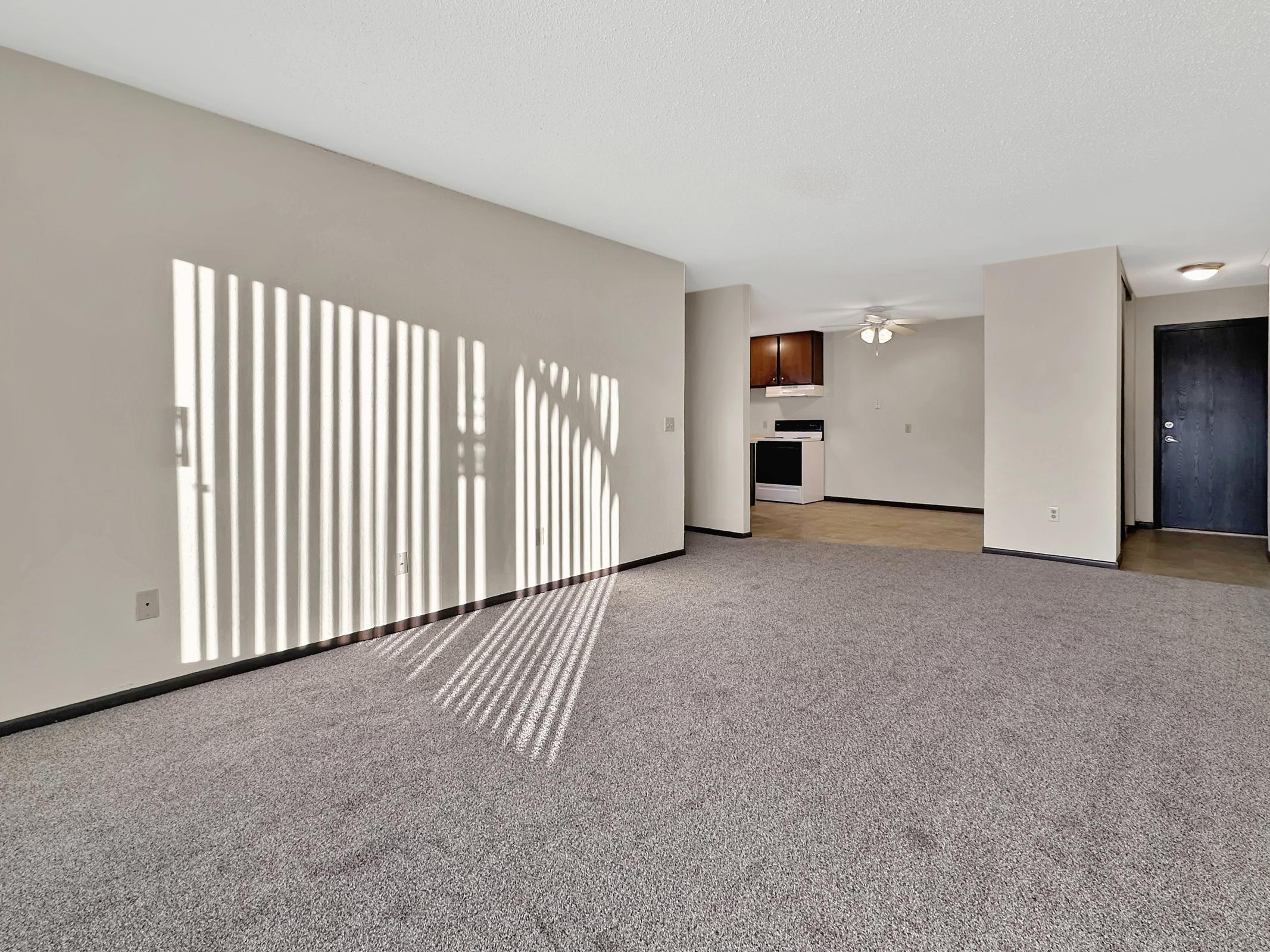 A spacious, empty room with gray carpet, light-colored walls, and shadows cast by vertical blinds. The room features an open layout, with a glimpse of a kitchen area in the background, including appliances like a stove and microwave. Natural light brightens the space, creating a welcoming atmosphere.