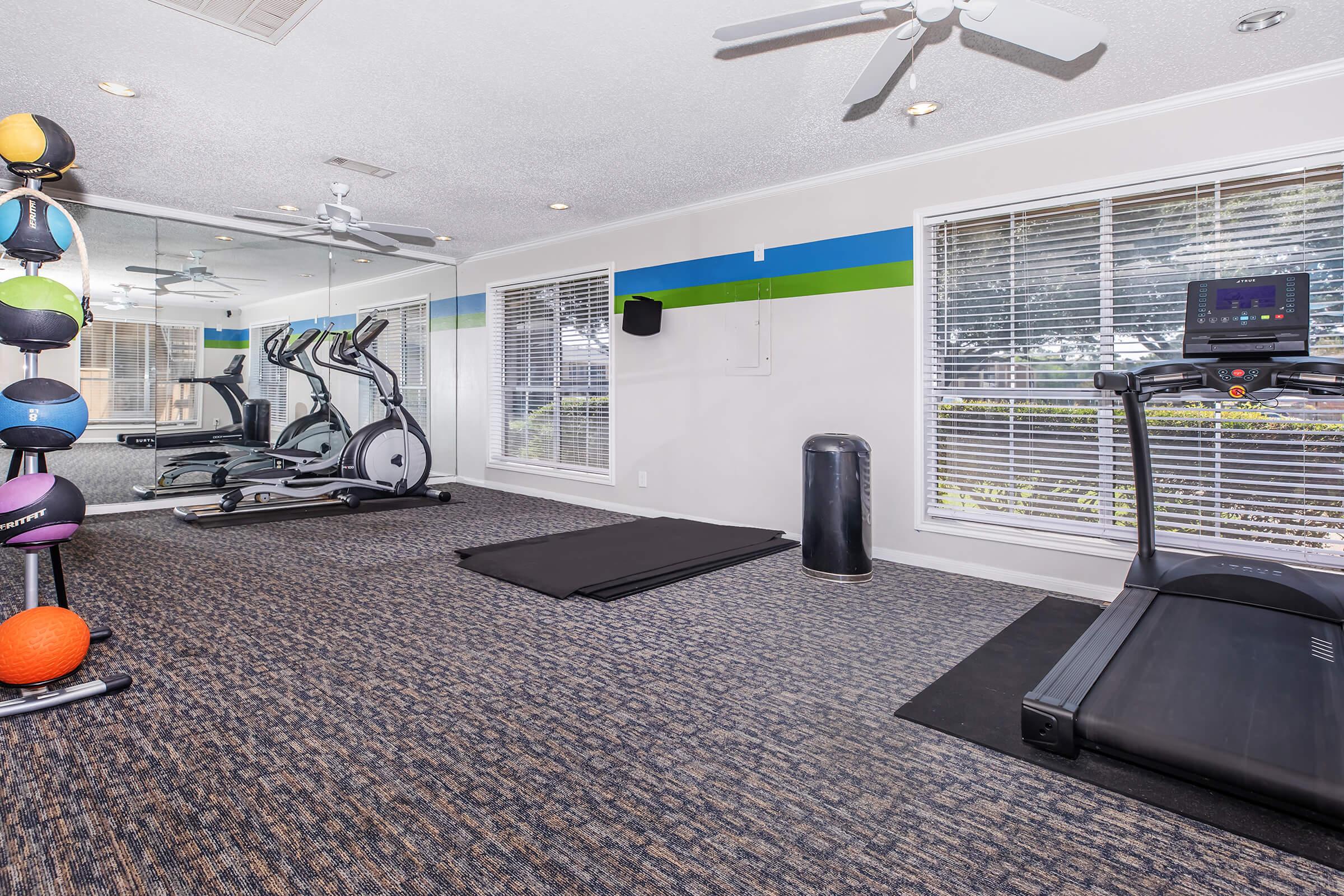 A well-lit fitness room featuring exercise equipment including an elliptical machine, treadmill, and a set of colorful exercise balls. Large windows provide natural light, and a mirrored wall creates an open atmosphere. The space is designed for workouts with yoga mats and an exercise area.