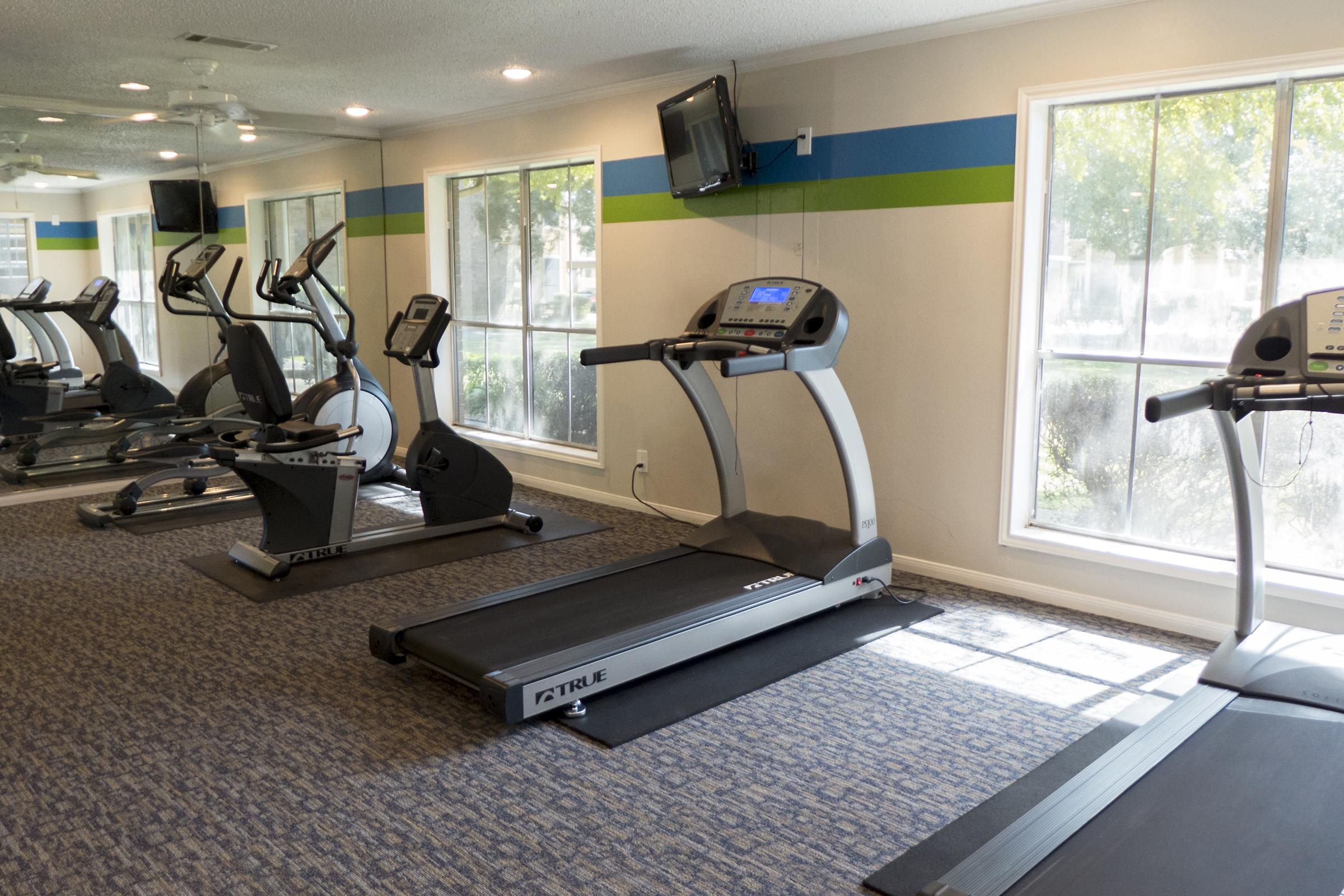 Gym interior featuring three fitness machines: two elliptical trainers and one treadmill, positioned next to large windows with natural light. The walls are decorated in blue and green stripes, and there is a flat-screen TV mounted on the wall. The floor is carpeted, creating a welcoming workout environment.