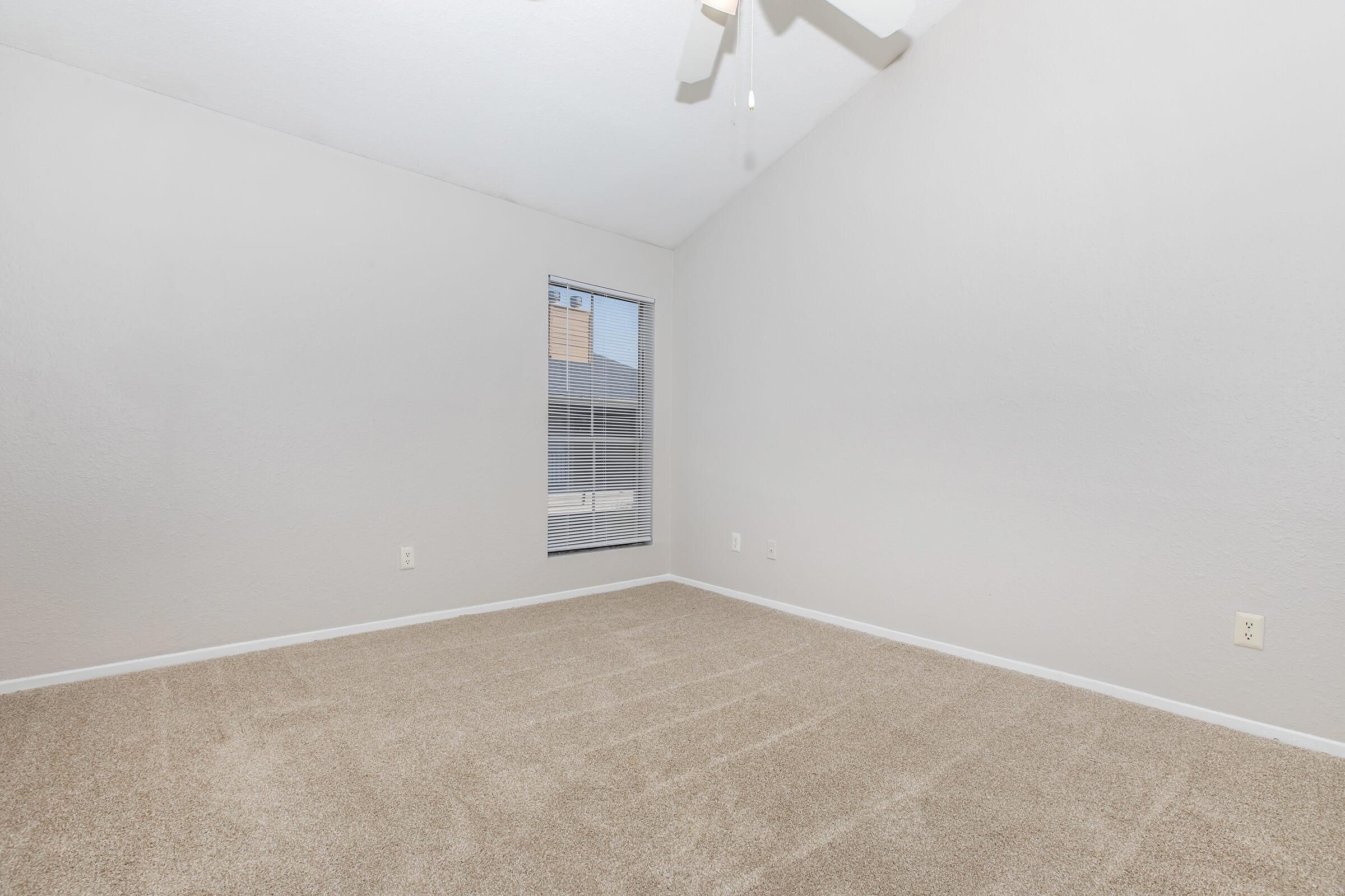 Empty room with light beige carpet and pale gray walls. A window with horizontal blinds lets in natural light, casting soft shadows. A ceiling fan is visible, and there are no furniture or decorations in the space, creating a minimalist and open atmosphere.