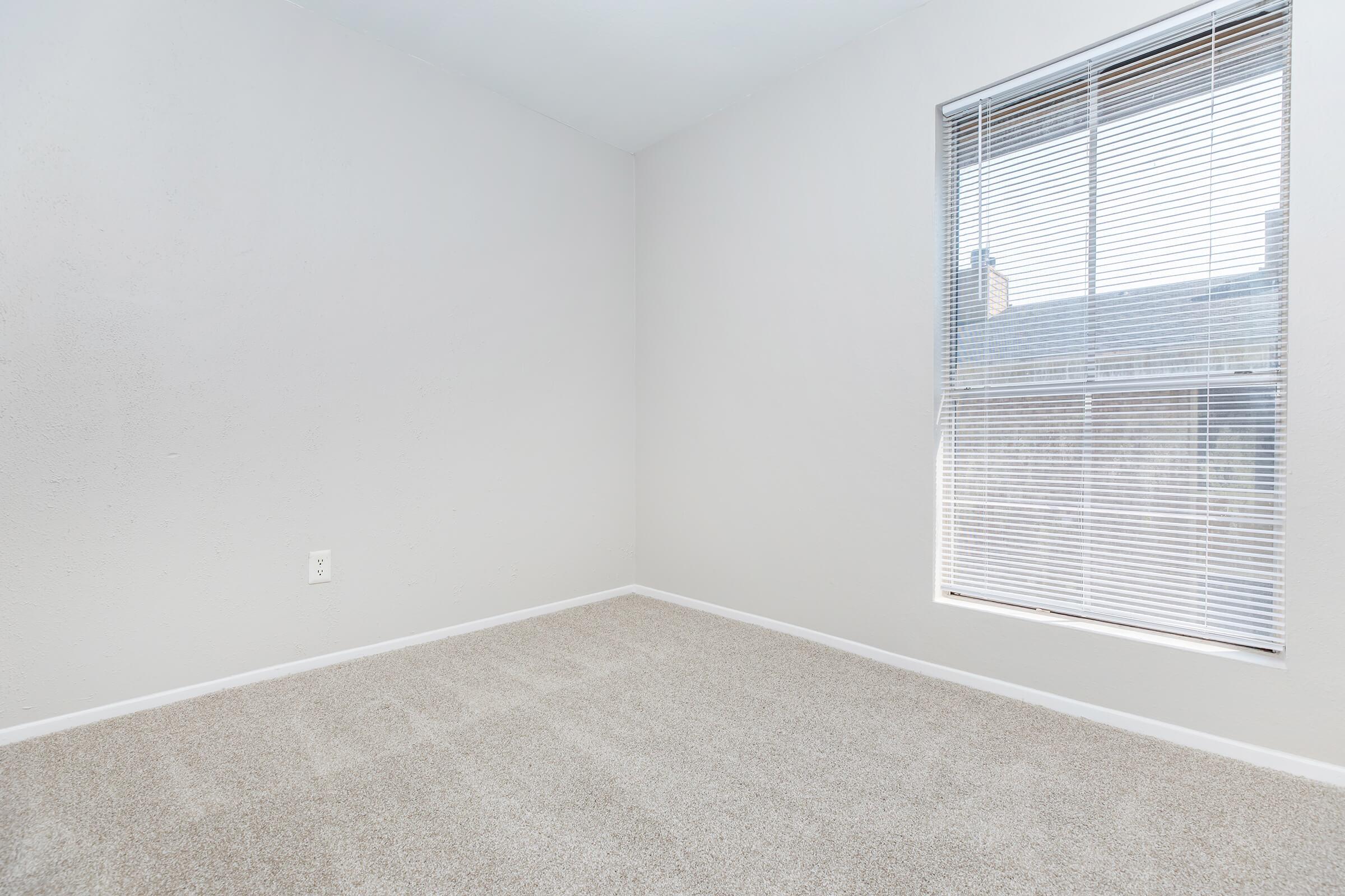 Empty room with light beige carpet and plain white walls. A window with white blinds allows natural light to enter the space. The room has no furniture or decorations, creating a minimalist appearance.