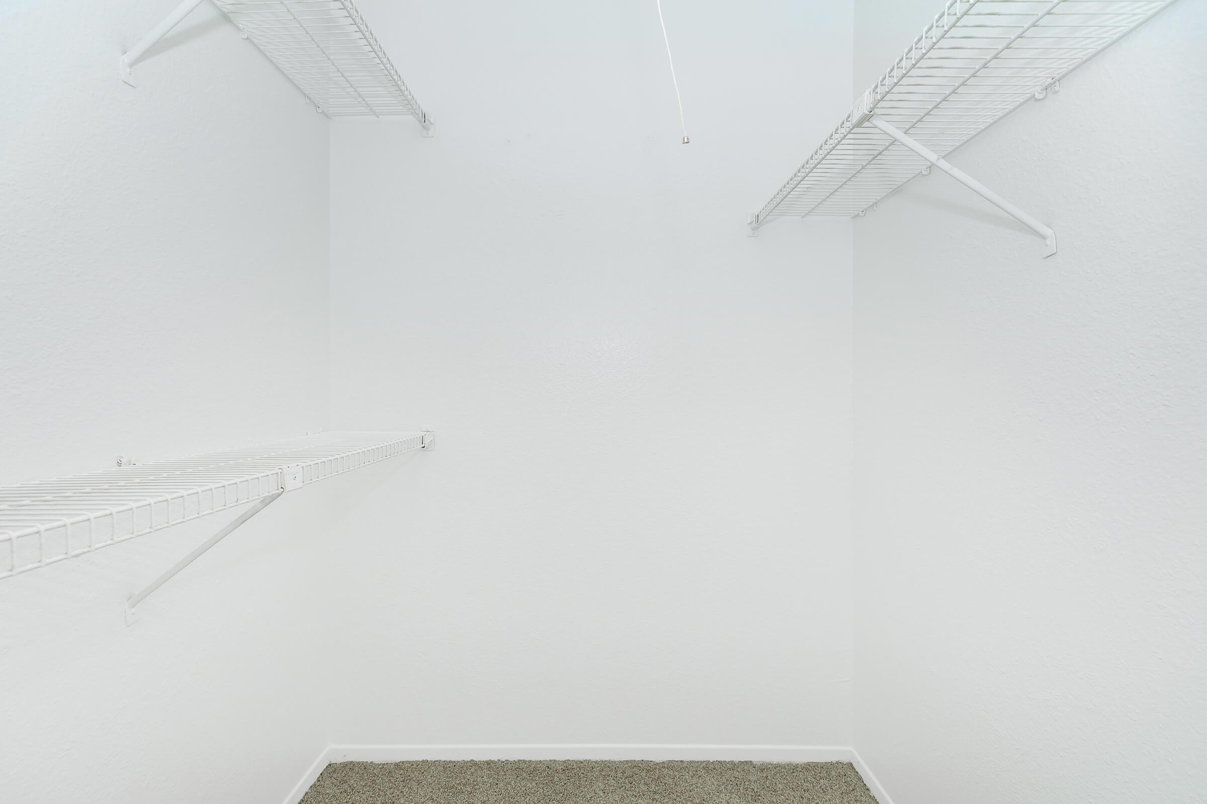 Empty closet with white walls and two wire shelves on either side. The floor is carpeted in a neutral color, creating a clean and simple storage space.