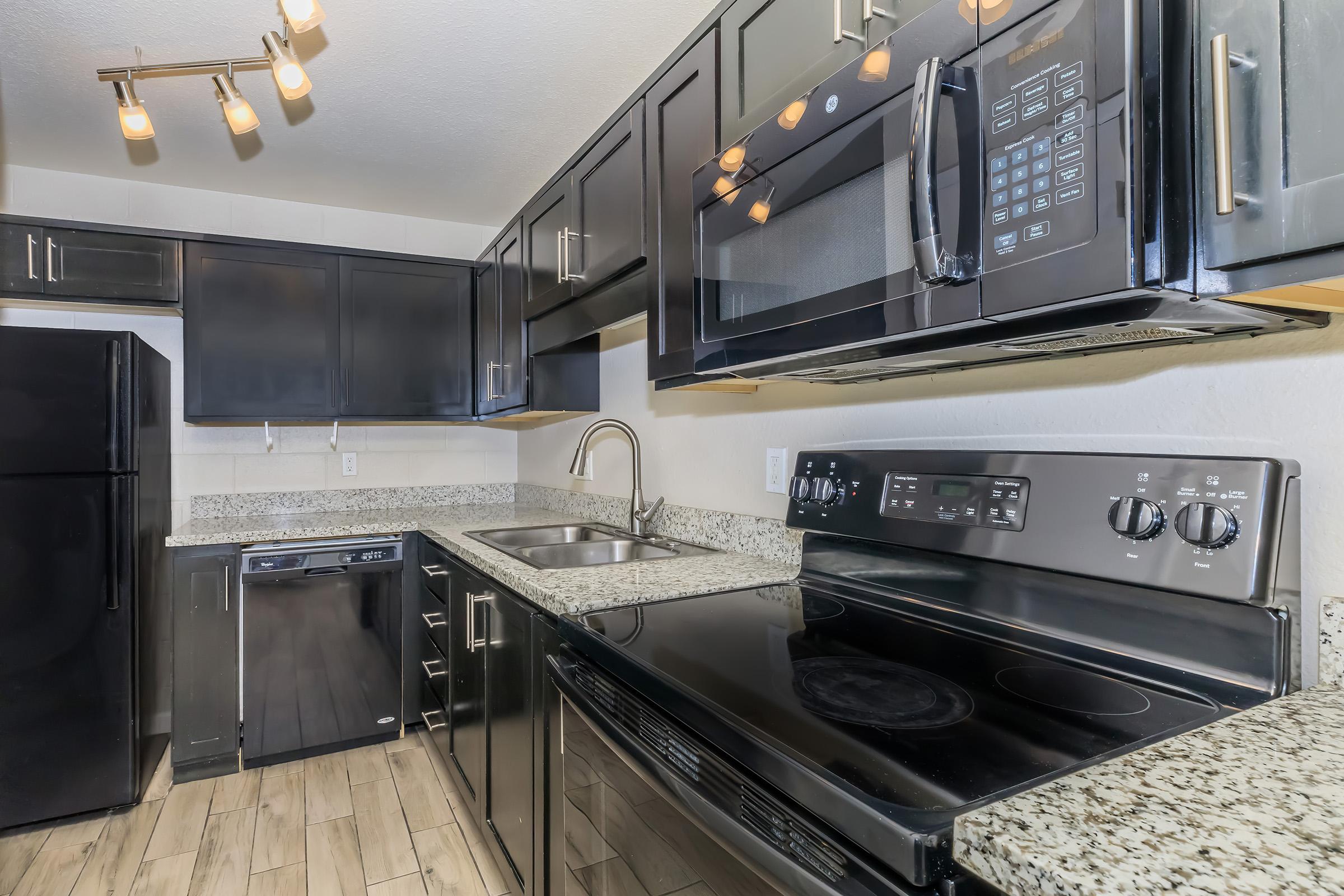 A modern kitchen featuring black cabinetry, stainless steel appliances, a granite countertop, and pendant lighting. The kitchen includes a dishwasher, a microwave, an electric stove, and a sink, all arranged in a functional layout with a tile floor.