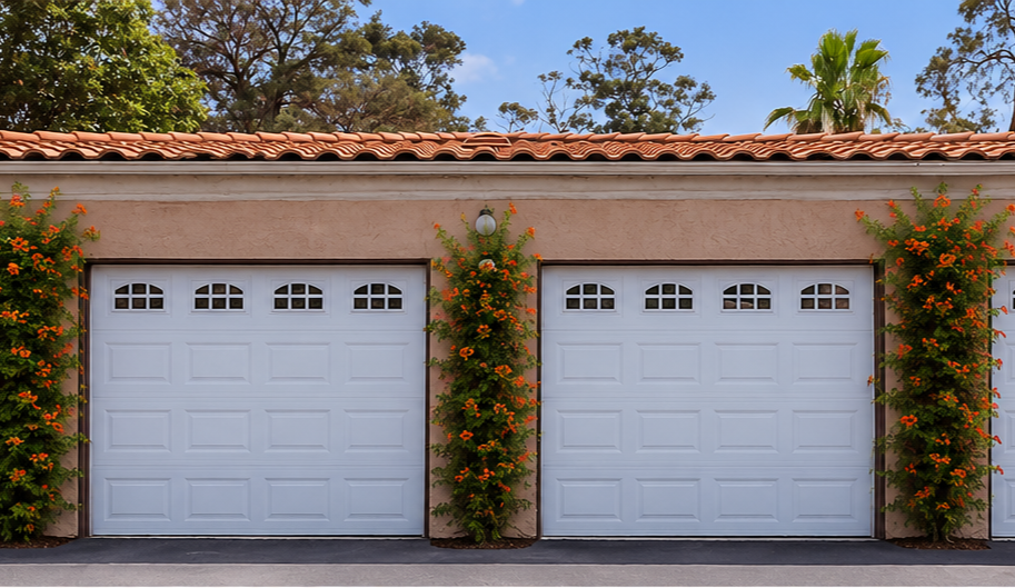 Three white garage doors with decorative windows, flanked by vibrant orange flowering vines. The building features a terracotta tile roof, set against a backdrop of blue sky and greenery, creating a bright and inviting atmosphere.