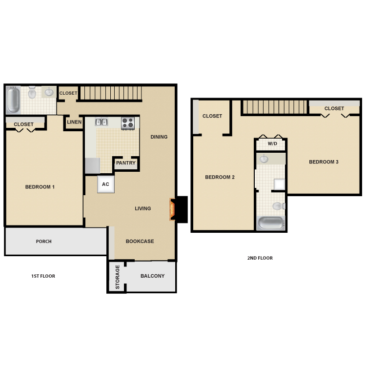 Floor plan image of 3 Bed 2 Bath Townhome