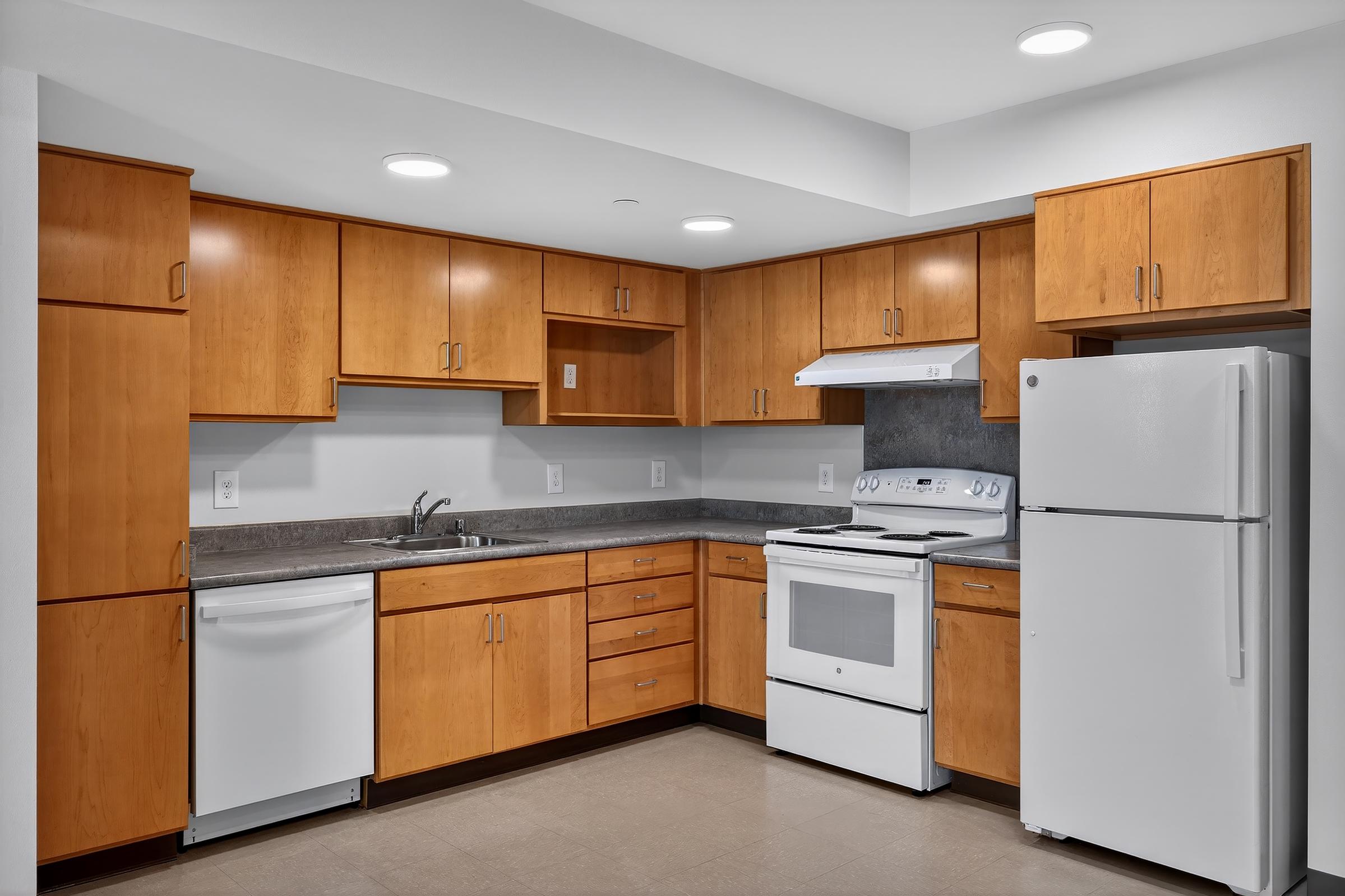 Modern kitchen featuring wooden cabinets, a white refrigerator, an oven, and a dishwasher. The countertops are gray, and the space is well-lit with recessed lighting. The design is clean and contemporary, providing a functional cooking area.