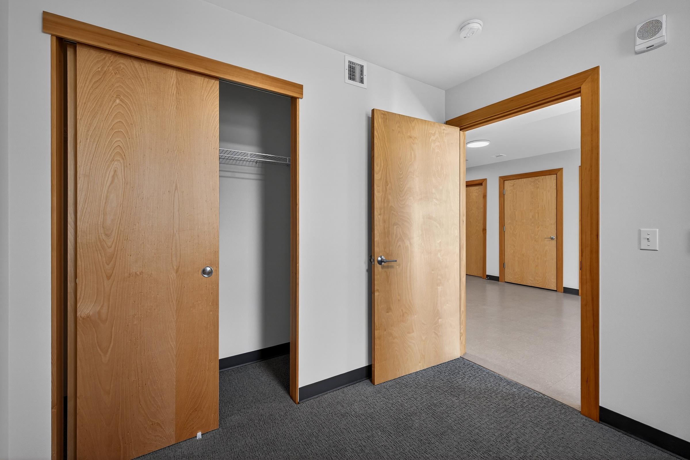 Interior view of a room featuring two wooden doors—one leading to a closet and the other to an adjoining space. The walls are painted light gray, and the floor is covered with grey carpet. The room has a minimalist design with modern finishes and ample natural light.