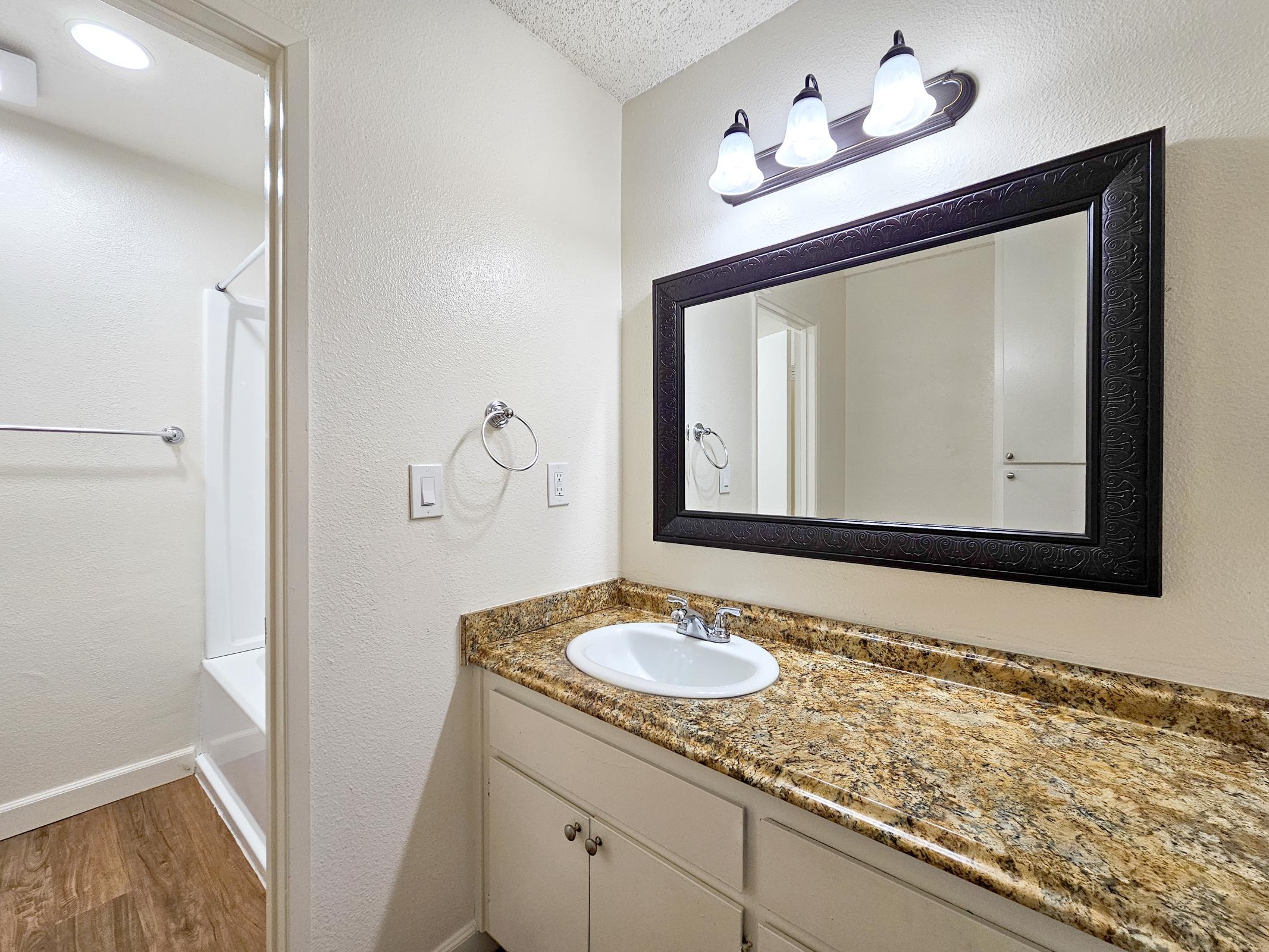 A well-lit bathroom featuring a cabinet with a granite countertop, a white sink with a faucet, and a large framed mirror. In the background, there is a shower area and a bathroom door. The walls are painted a light color, and the floor has wooden-like tiles.