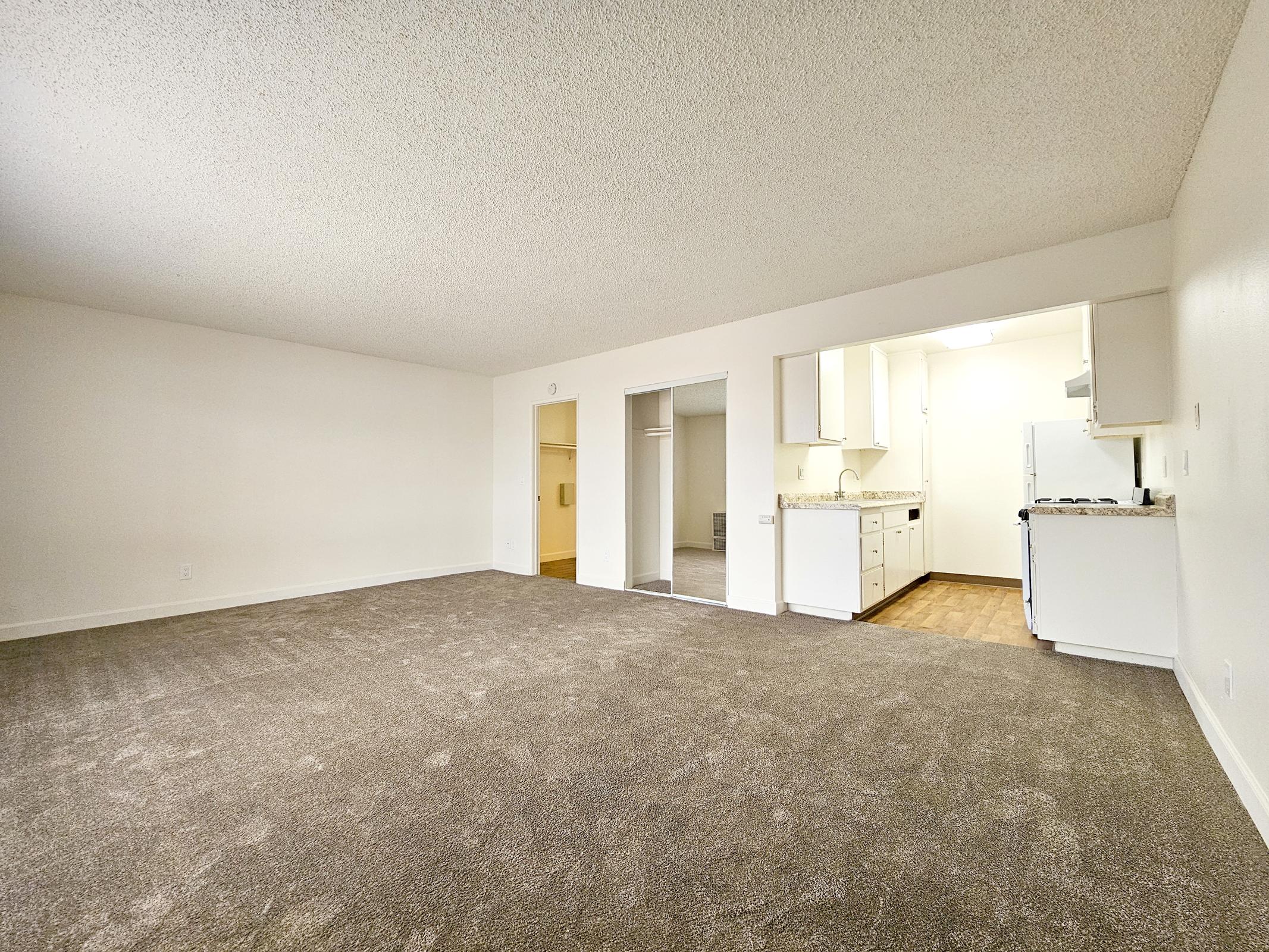 A spacious, empty room with beige carpet and white walls. To the right, there is a small kitchen area with white cabinets and appliances. An open doorway leads to another room or closet, while the overall lighting is bright and inviting. The area is ready for furnishing and personalization.