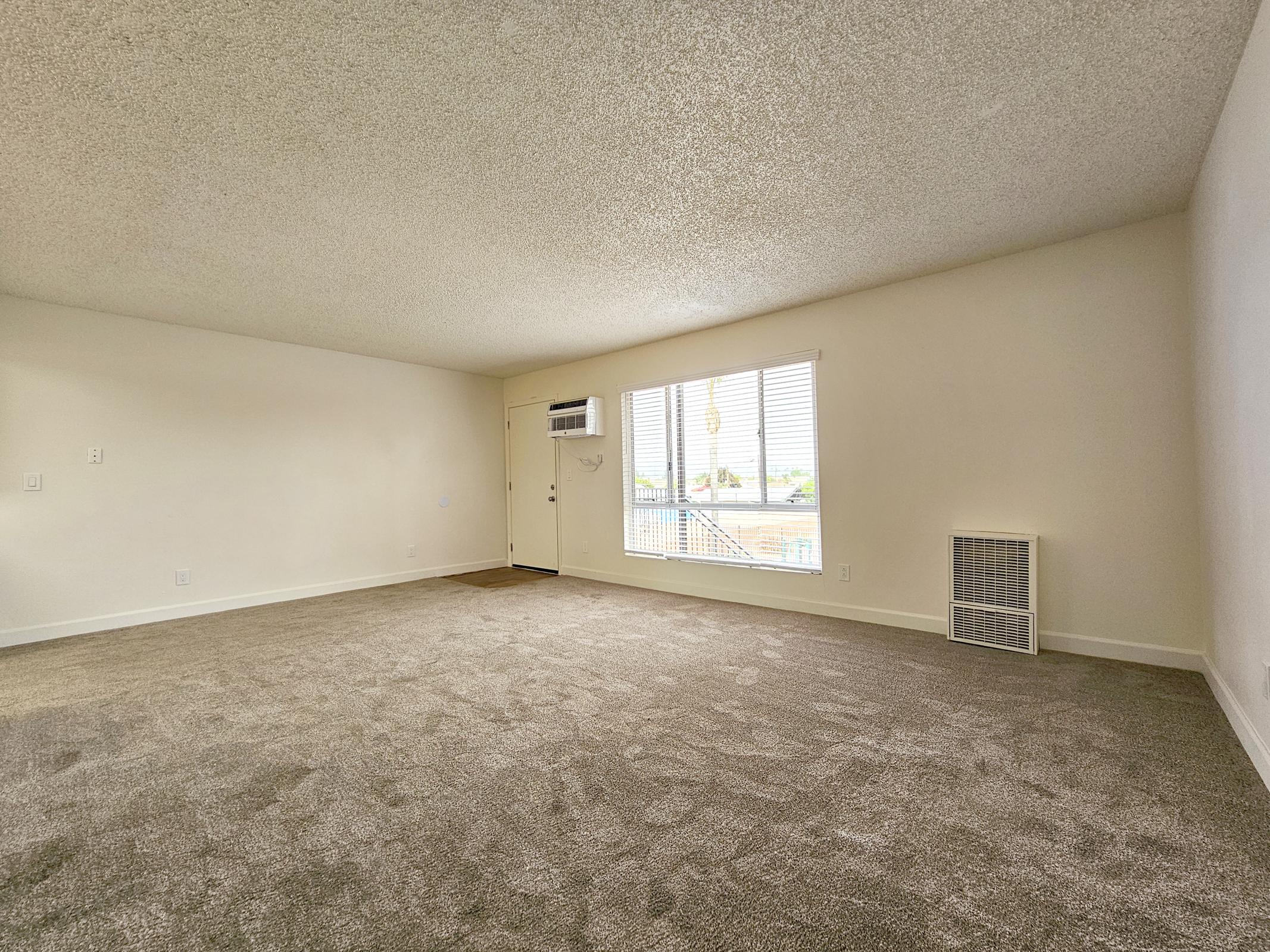 A spacious, empty room with beige carpet and white walls. A large window provides natural light, offering a view of the outdoors. There’s a small air conditioning unit on one wall and a door leading outside. The overall atmosphere is bright and airy, suggesting a fresh living space ready for furnishings.