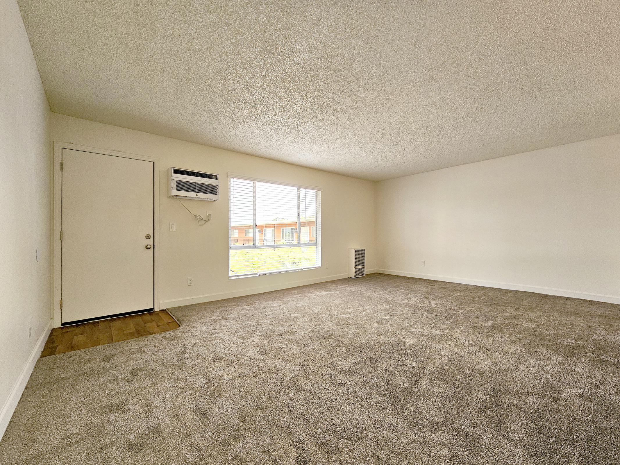 A spacious, empty room featuring light beige carpeting, a large window with blinds allowing natural light, and an air conditioning unit mounted on the wall. A door leads outside, and the walls are painted in a soft, neutral color. The overall atmosphere is bright and inviting.
