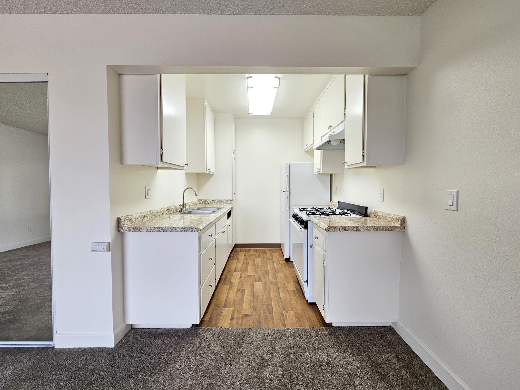A clean, modern kitchen with white cabinets, a double sink, and a stove. The kitchen opens up to a spacious living area with carpeted flooring. Natural light fills the space from the ceiling lights, creating a bright and inviting atmosphere. The room is well-maintained and suitable for cooking and entertaining.