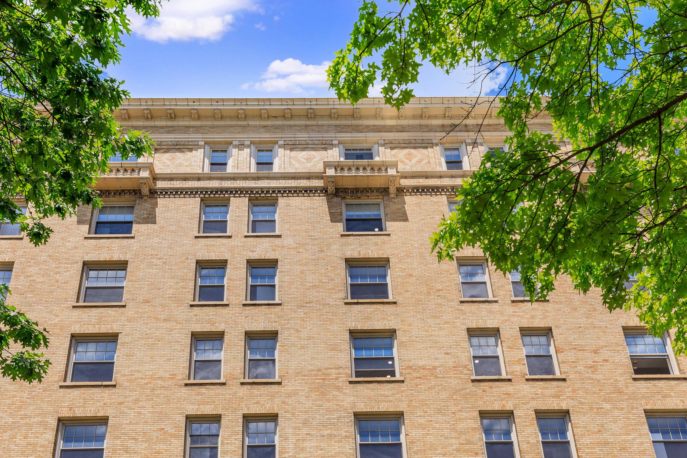 A close-up view of a historic brick building with multiple windows and decorative architectural details under a clear blue sky. Green tree branches frame the top of the image, adding a touch of nature to the urban scene.