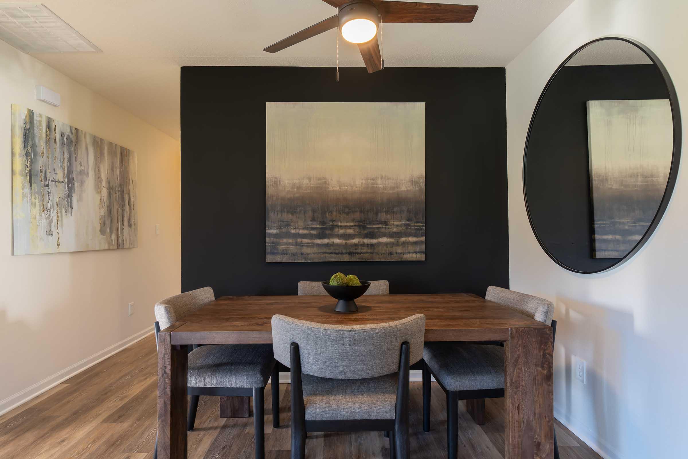 a living room with a large mirror