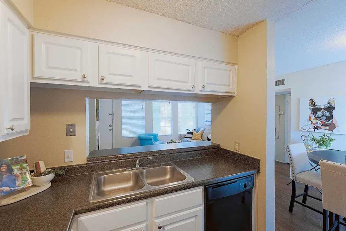 A modern kitchen featuring white cabinets, a dark countertop, a double sink, and a black dishwasher. A small decorative plant is on the counter, and the kitchen overlooks a bright living area with a blue sofa and artwork on the wall. Natural light streams in through a nearby window.