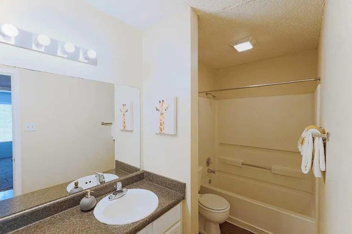 A clean, well-lit bathroom featuring a sink with a mirror above, a shower/tub combination, and a toilet. The walls are painted in a soft color, and there are two decorative items resembling giraffes on the wall. A towel hangs on a bar next to the tub, adding to the neat appearance.