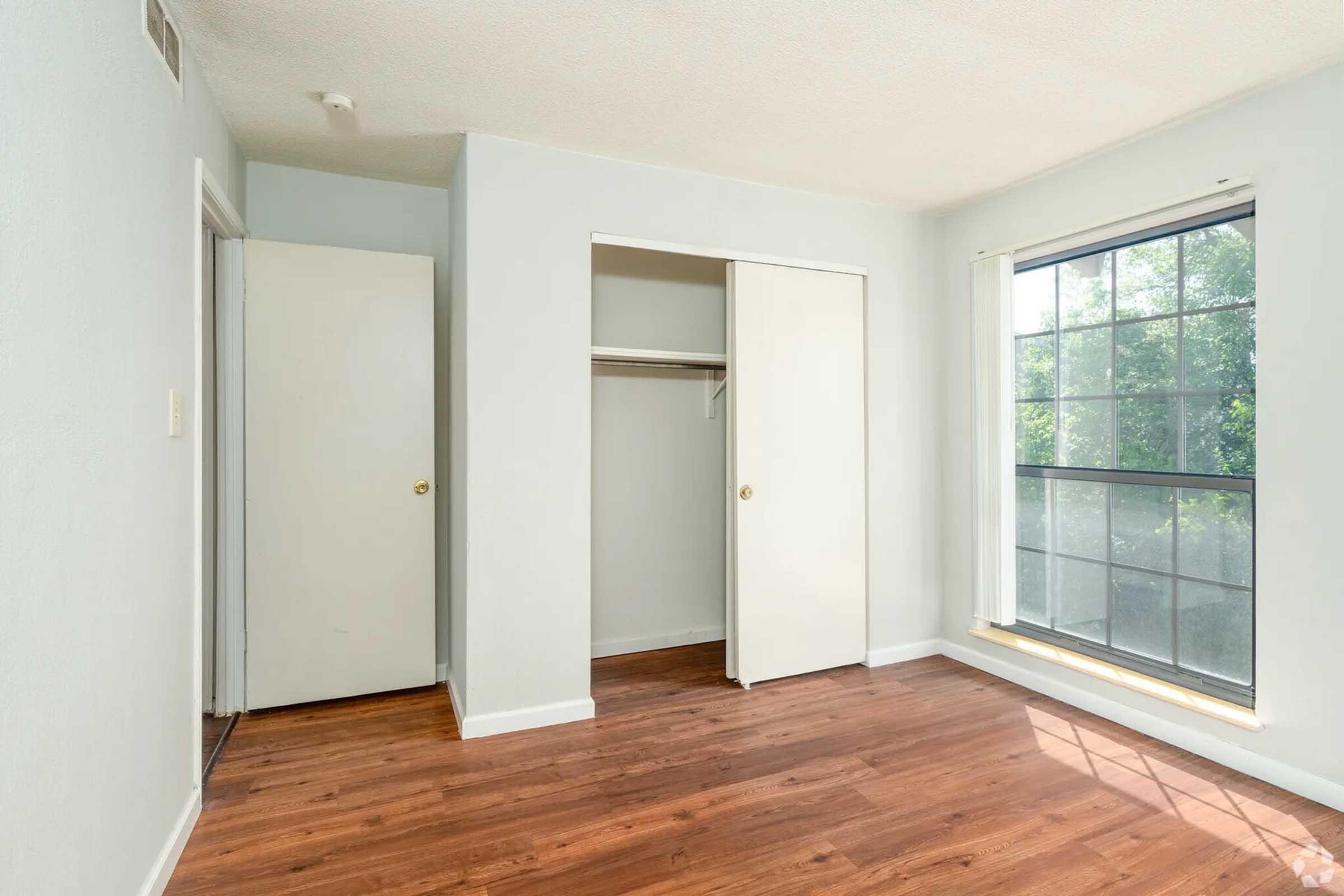 Empty room with light blue walls and a large window letting in natural light. There are two closet doors: one closed and another partially open. The floor is wooden and there are no furnishings, creating a spacious and uncluttered atmosphere.