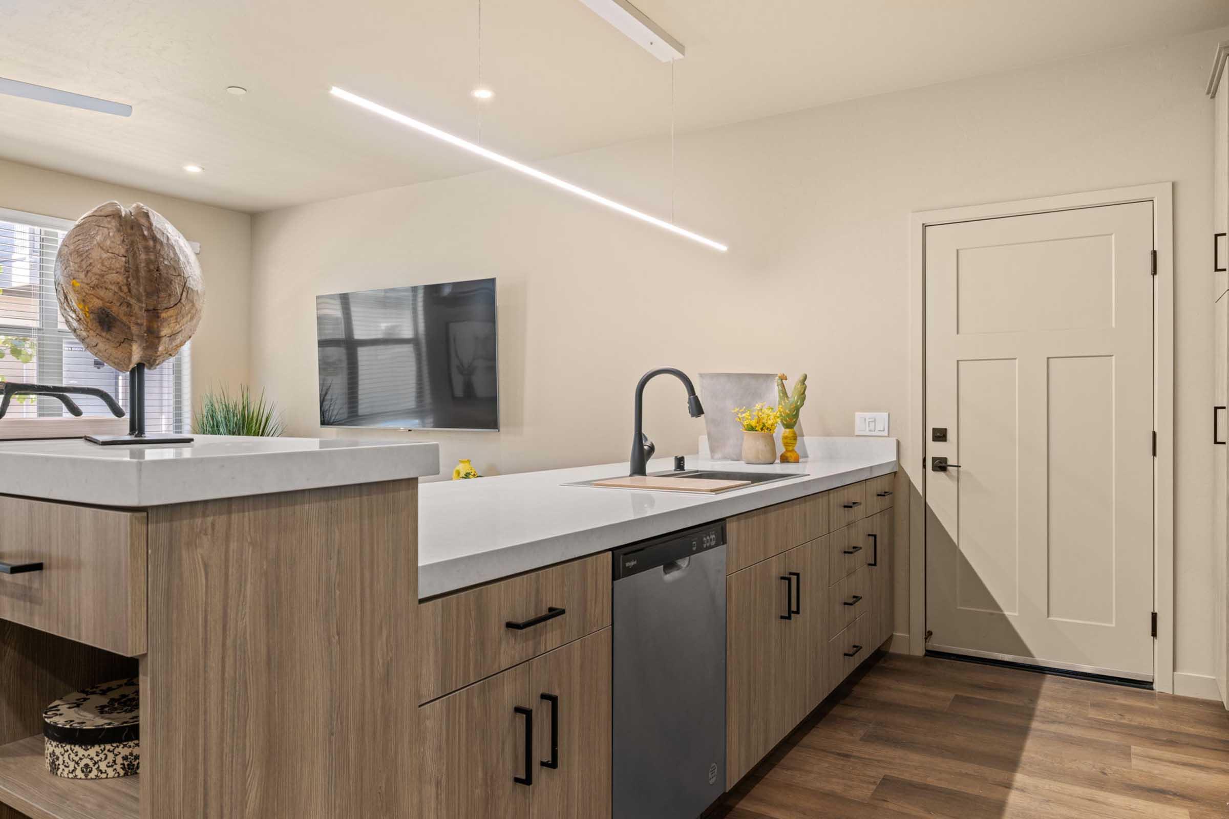 A modern kitchen featuring sleek cabinetry, a countertop with a sink, and a dishwasher. A mounted TV is visible on the wall, along with a door leading outside. Natural light streams in through a window, and decorative elements like a globe and a vase with flowers add style to the space.