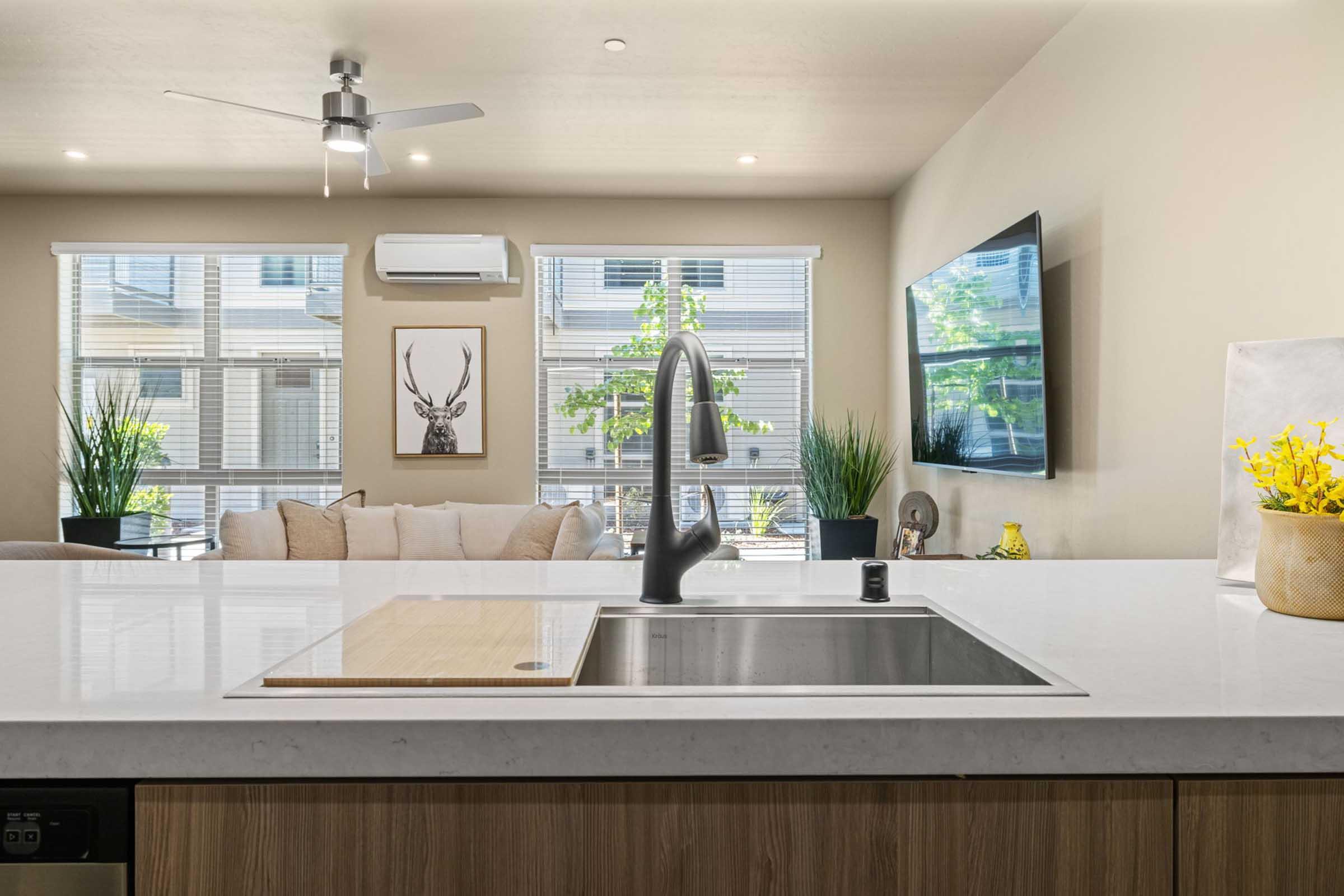 A modern kitchen with a sleek sink and faucet, featuring a wooden cutting board. In the background, a cozy living area with a beige couch, decorative plants, and a mounted television. Large windows provide natural light, and artwork of a deer is displayed on the wall.