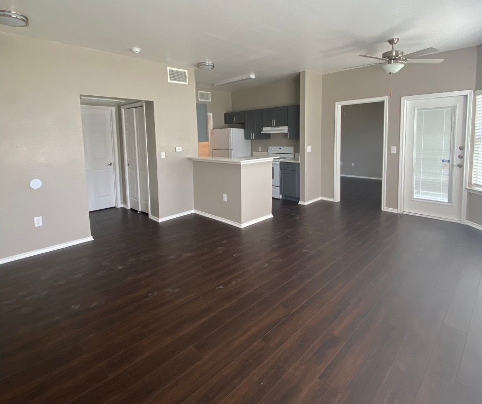 Living room and kitchen with wooden floors